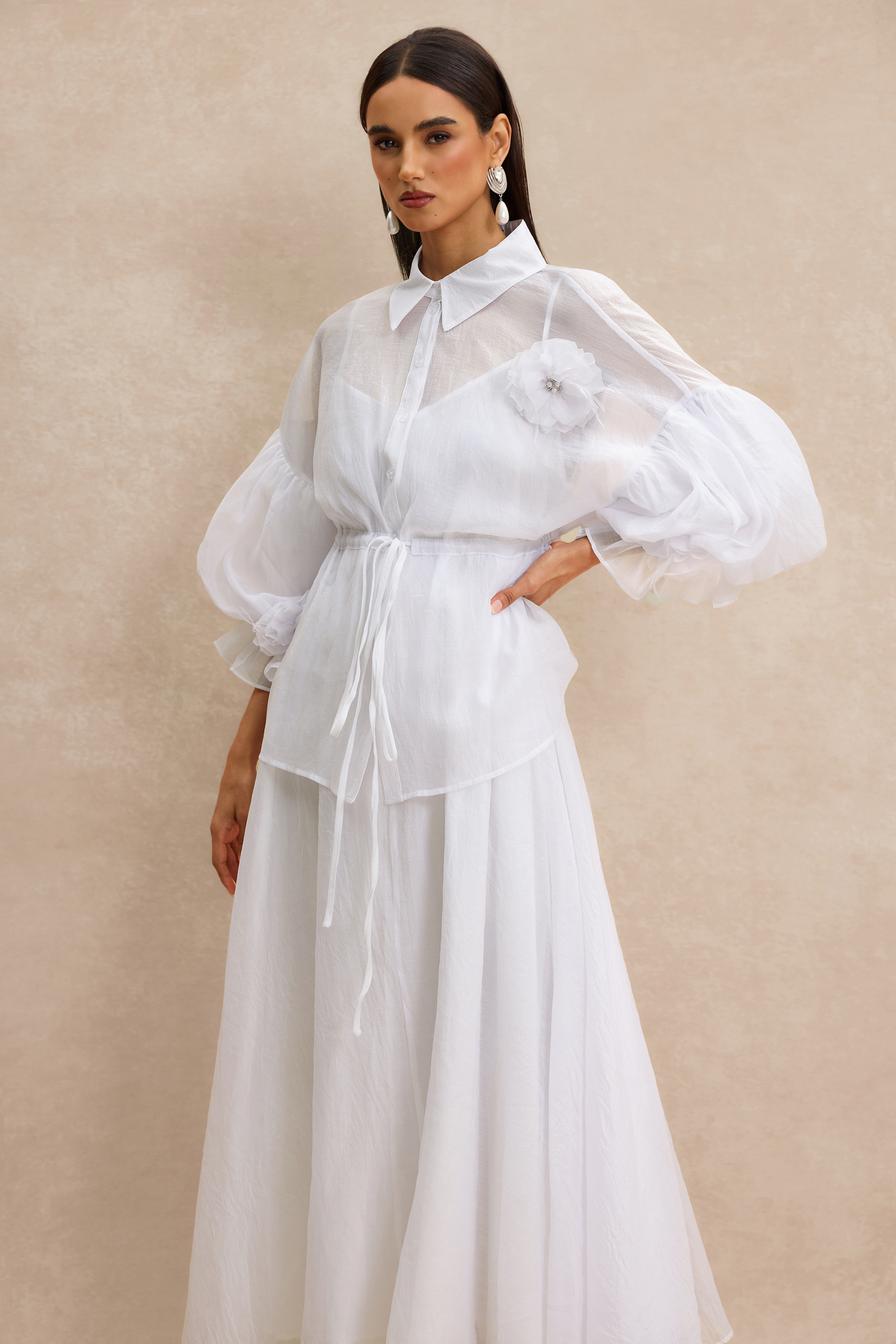 3D Flower Shirring Top & Slip Midi Dress Set