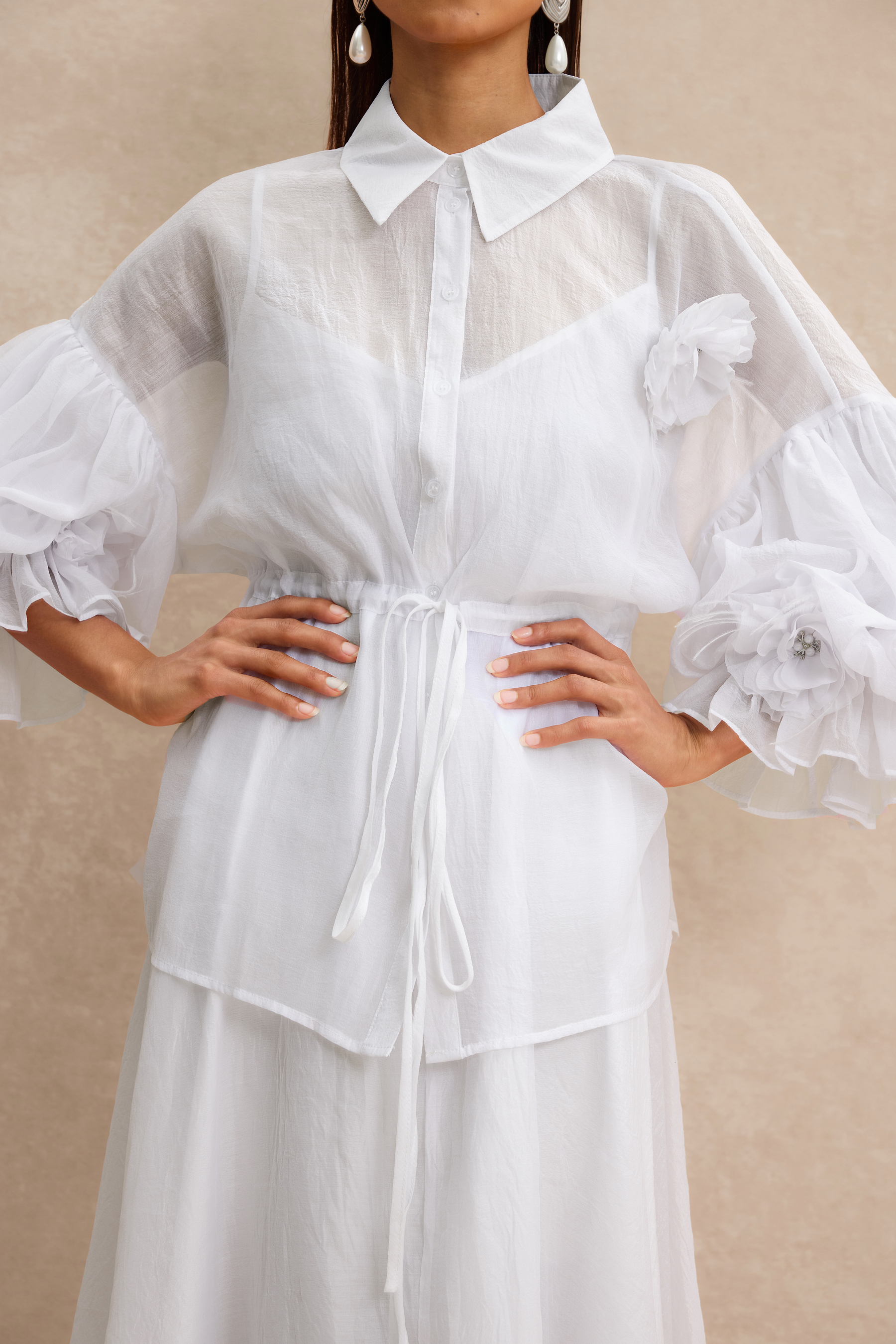 3D Flower Shirring Top & Slip Midi Dress Set