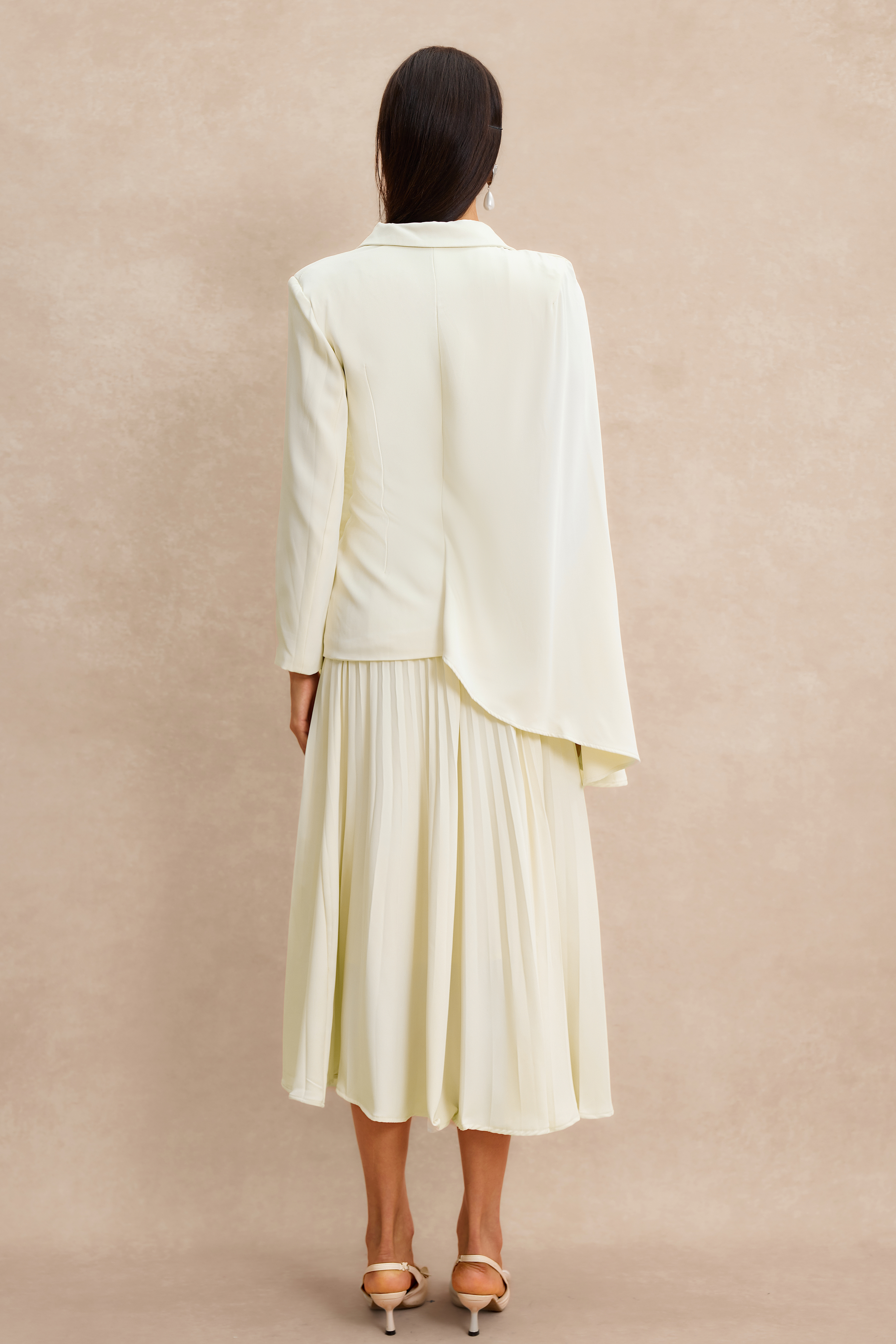 Metal Button Asymmetrical Sleeve Blazer & Midi Skirt Set