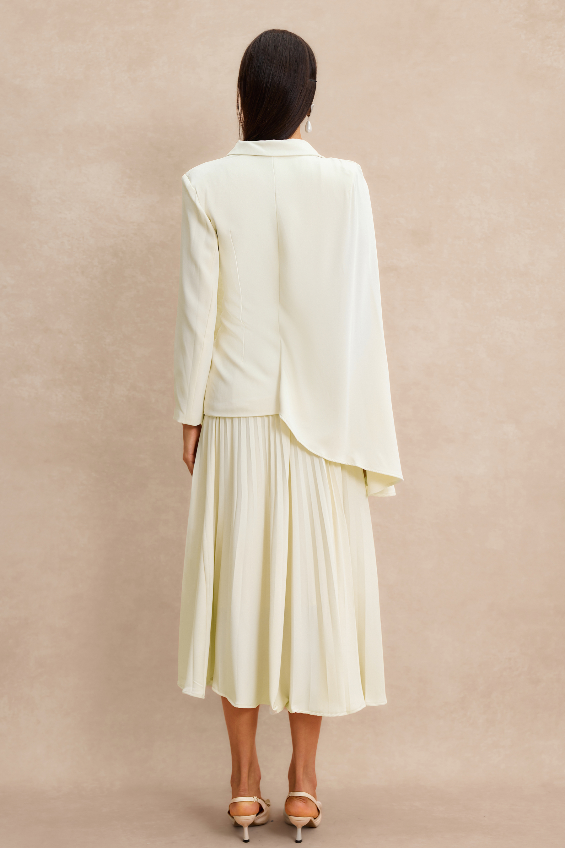Metal Button Asymmetrical Sleeve Blazer & Midi Skirt Set