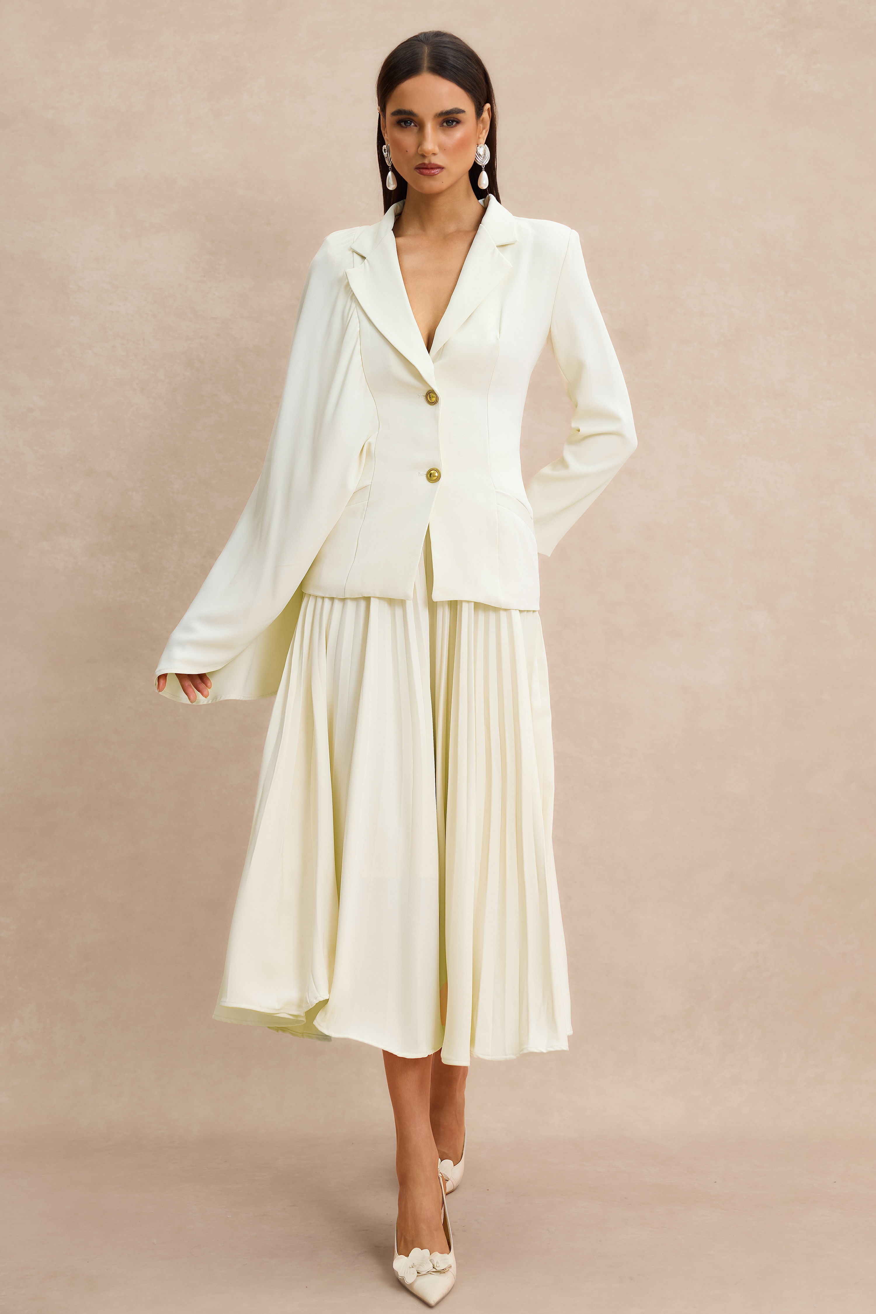 Metal Button Asymmetrical Sleeve Blazer & Midi Skirt Set