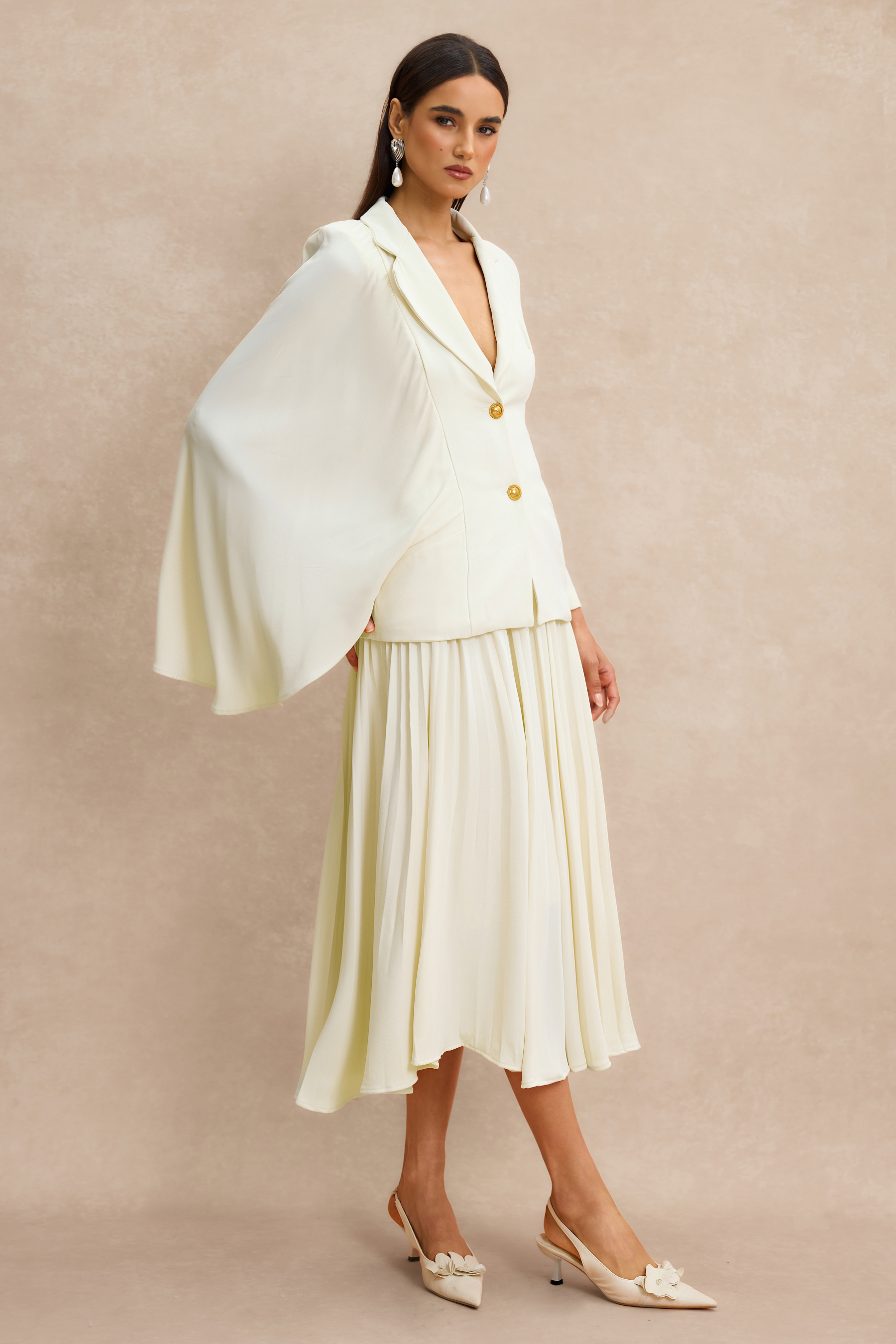 Metal Button Asymmetrical Sleeve Blazer & Midi Skirt Set