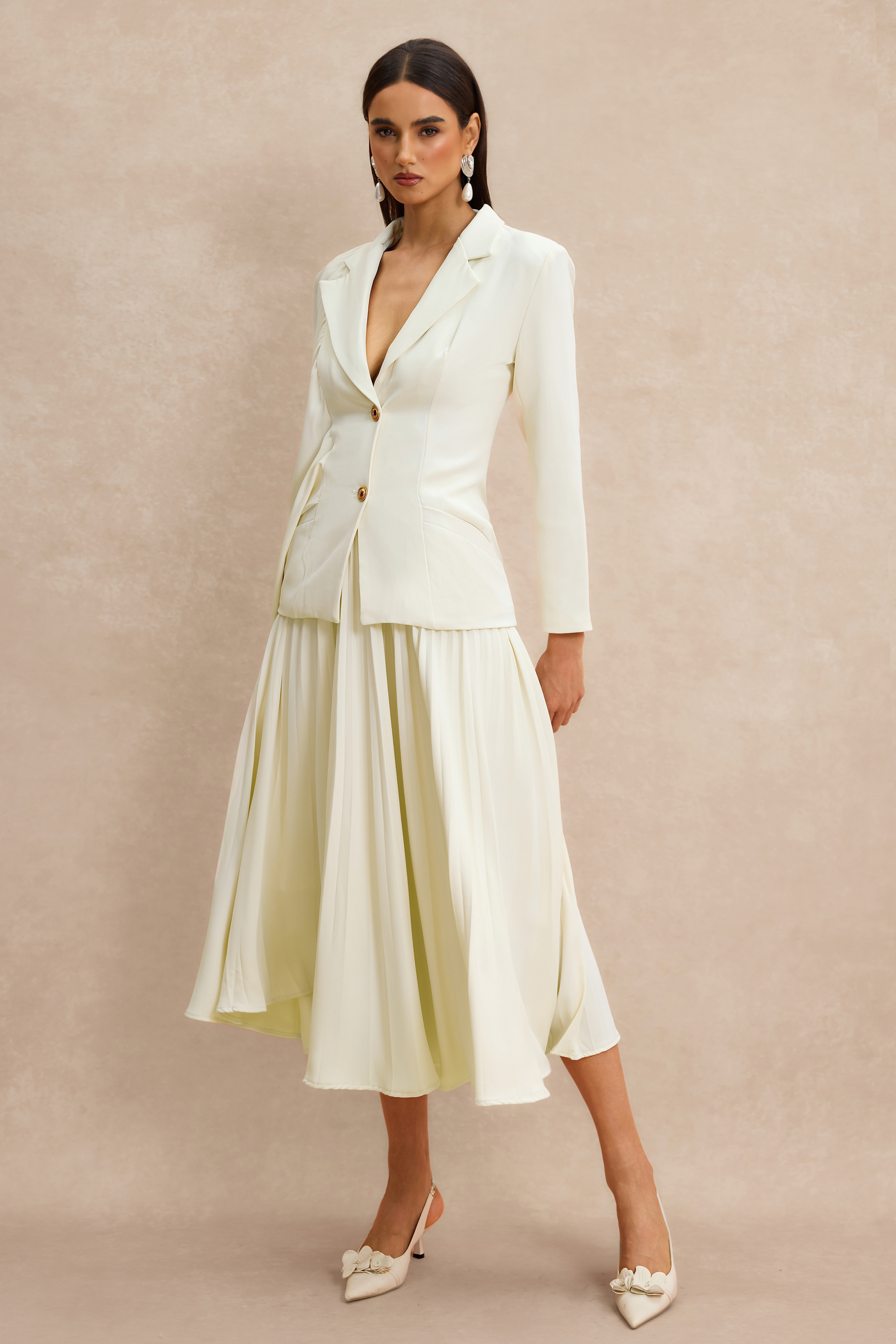 Metal Button Asymmetrical Sleeve Blazer & Midi Skirt Set