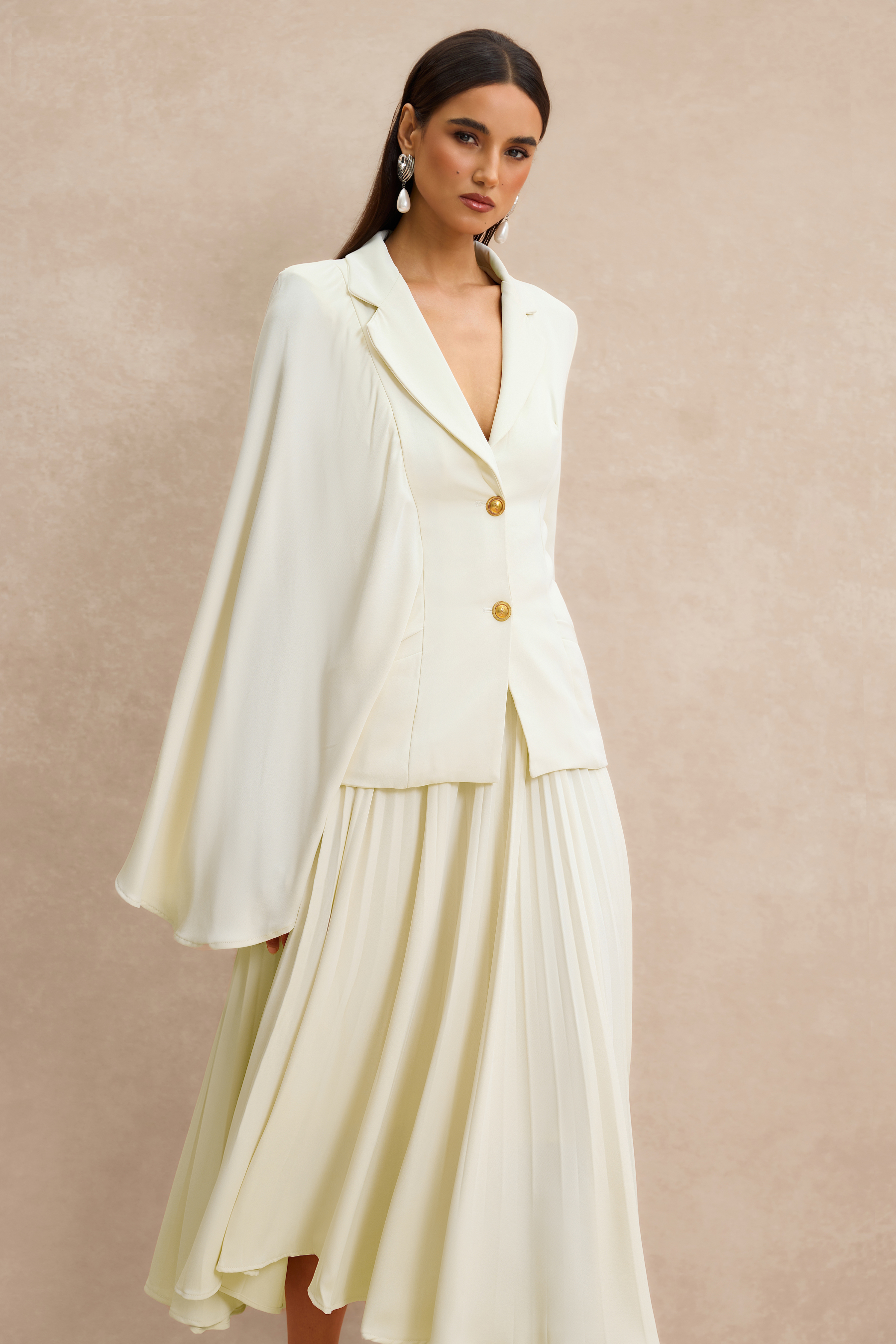 Metal Button Asymmetrical Sleeve Blazer & Midi Skirt Set
