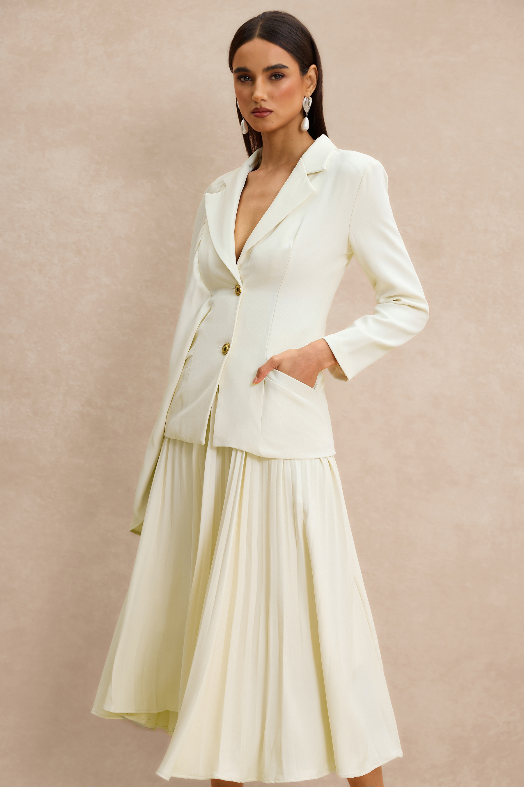 Metal Button Asymmetrical Sleeve Blazer & Midi Skirt Set