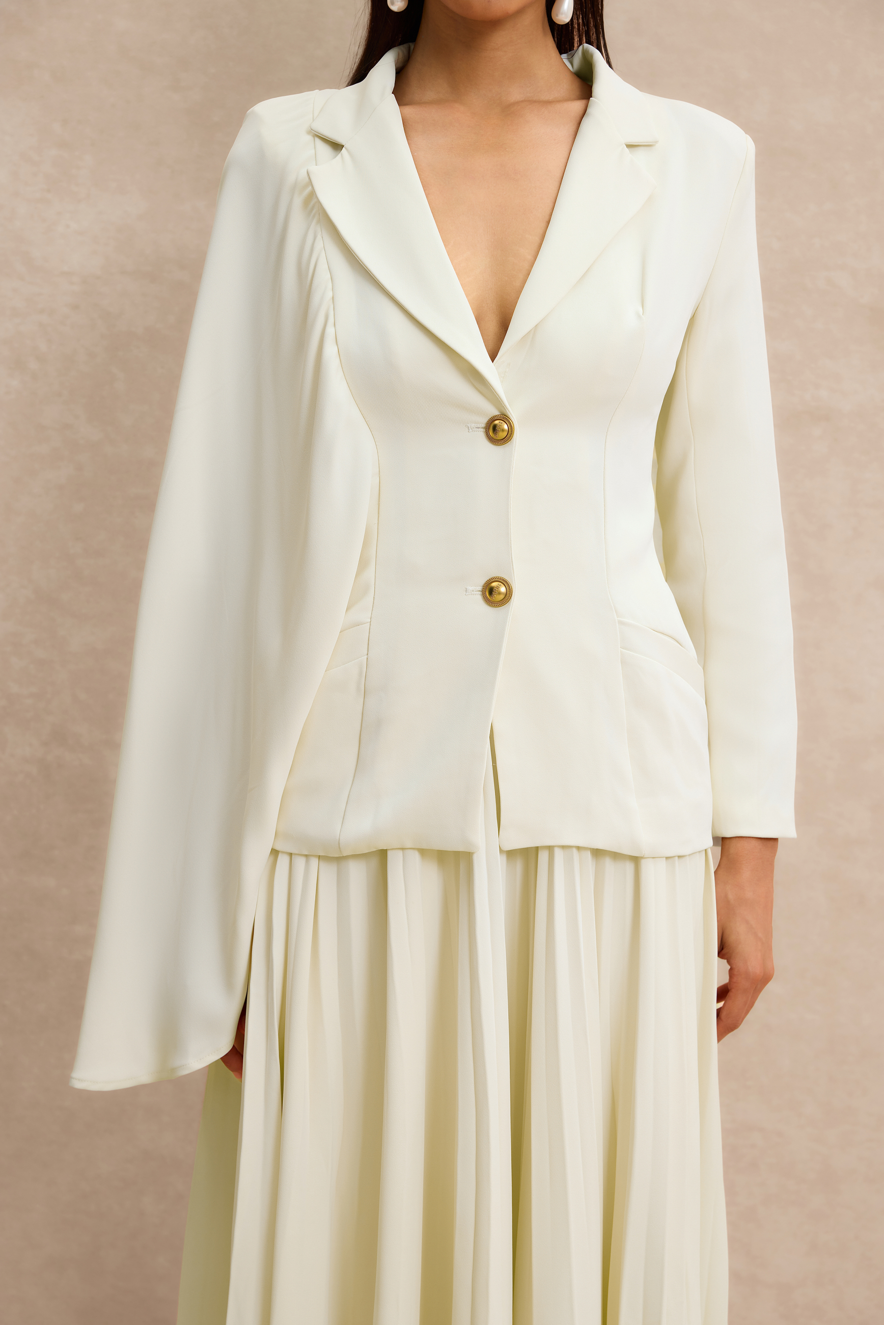 Metal Button Asymmetrical Sleeve Blazer & Midi Skirt Set
