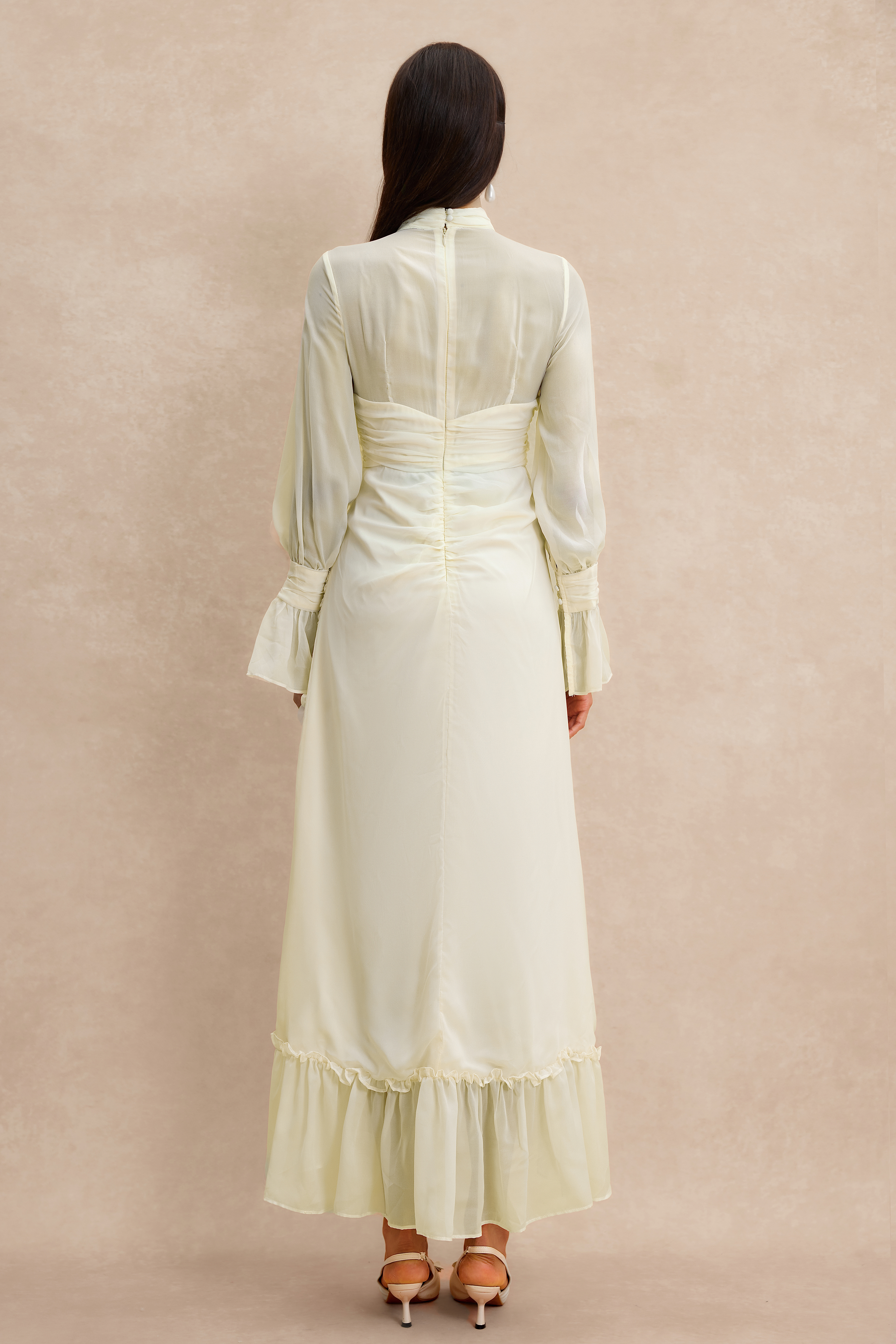Stand Collar Ruffle Gathering Midi Dress