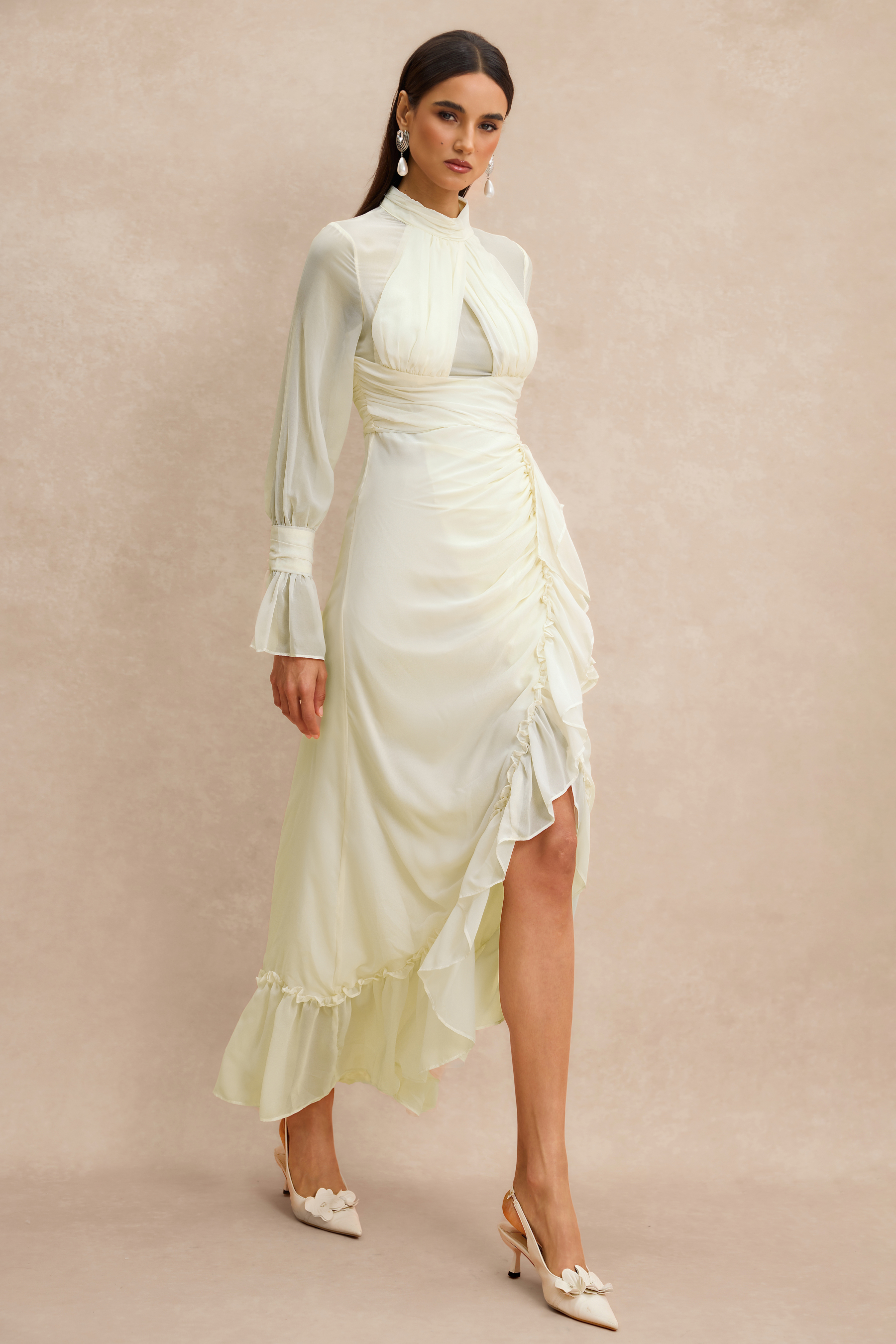 Stand Collar Ruffle Gathering Midi Dress