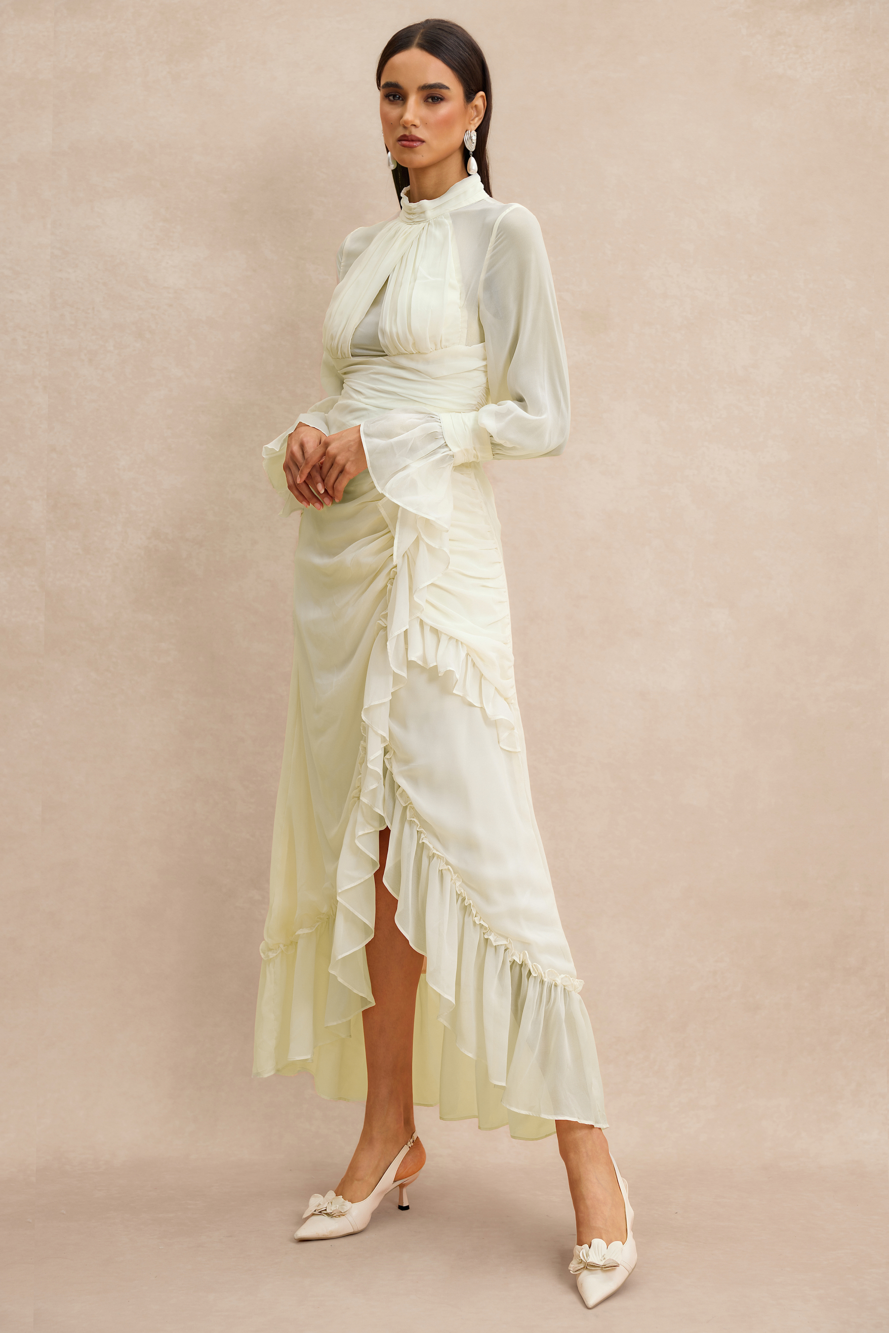 Stand Collar Ruffle Gathering Midi Dress