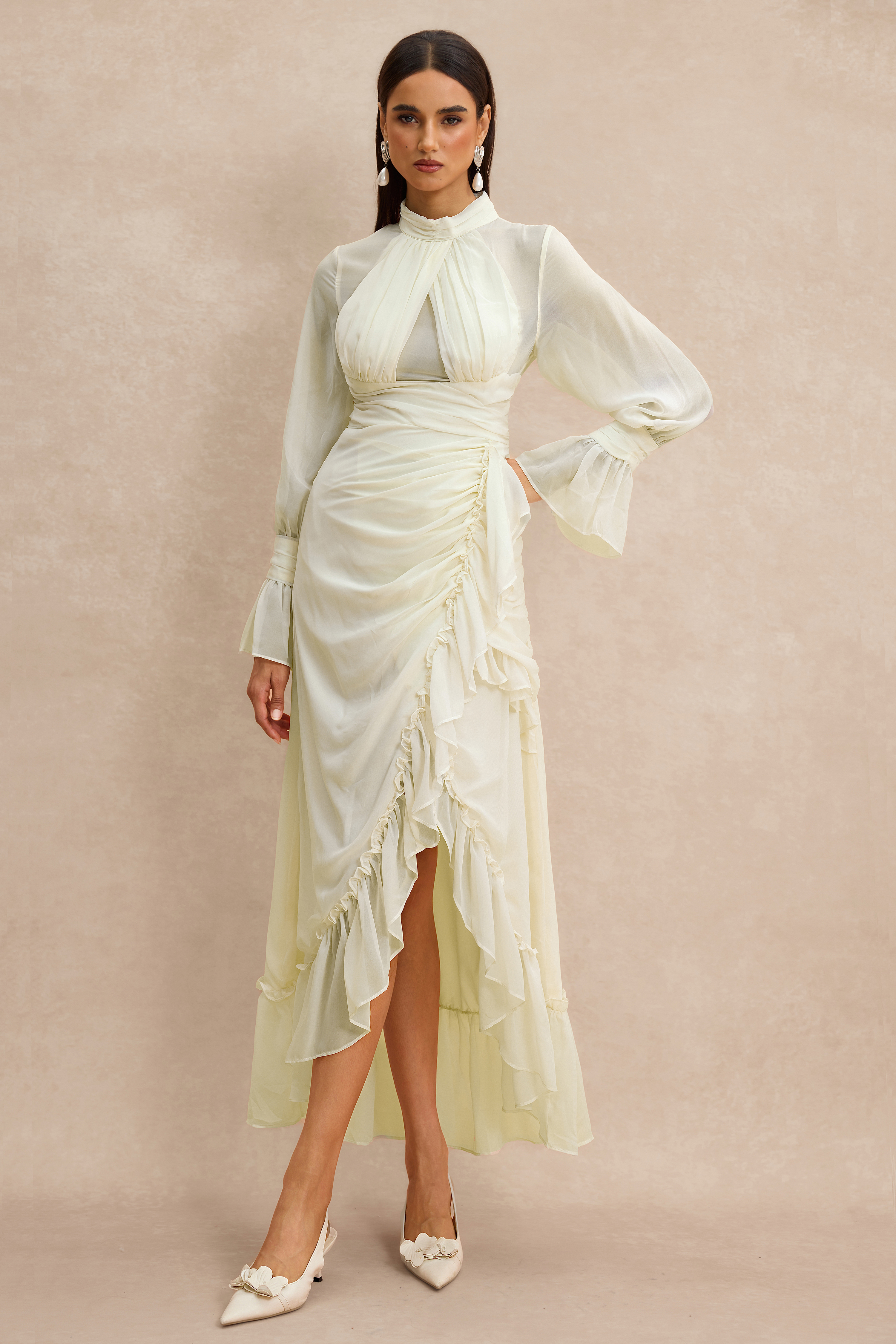 Stand Collar Ruffle Gathering Midi Dress