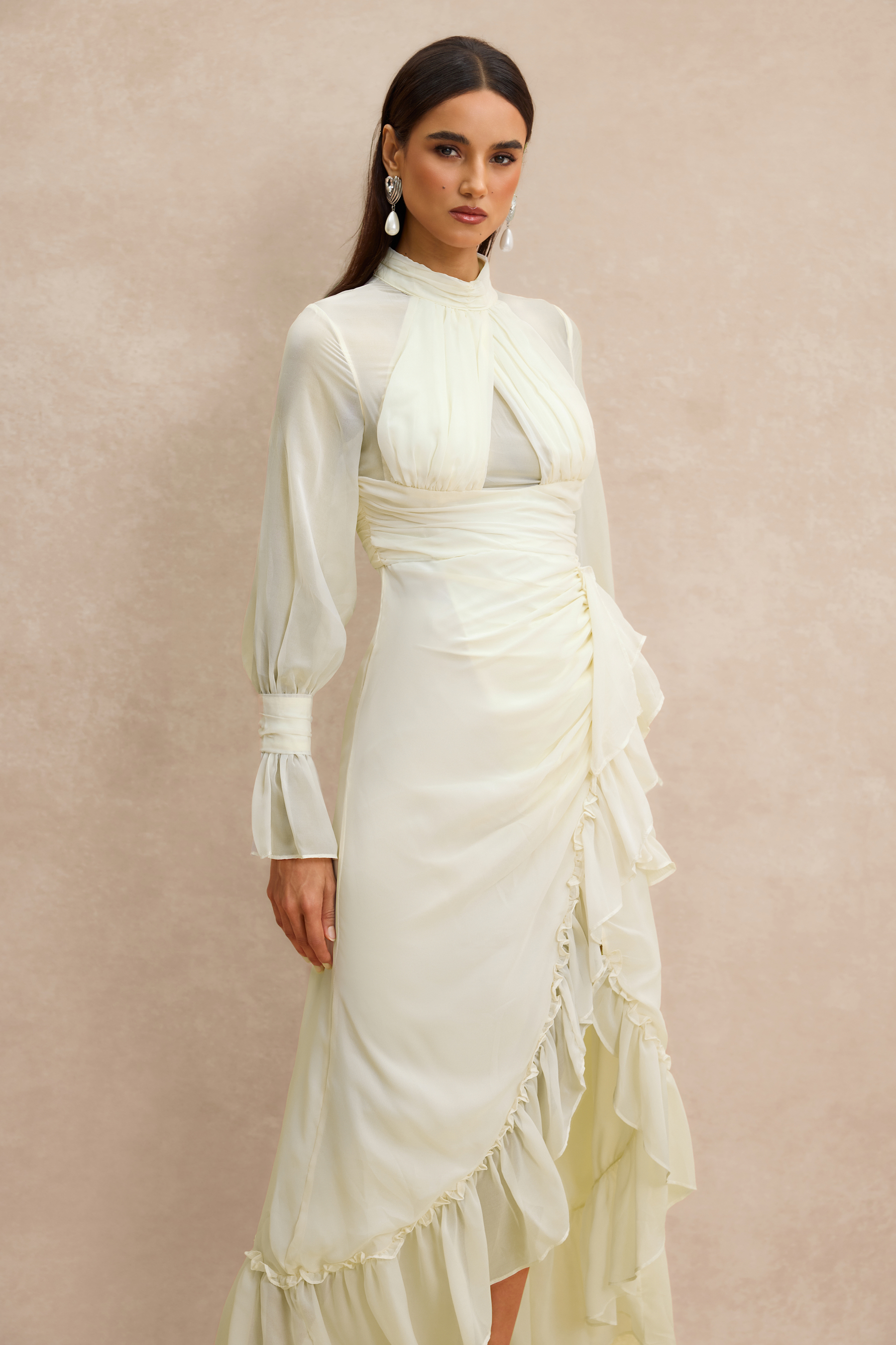Stand Collar Ruffle Gathering Midi Dress