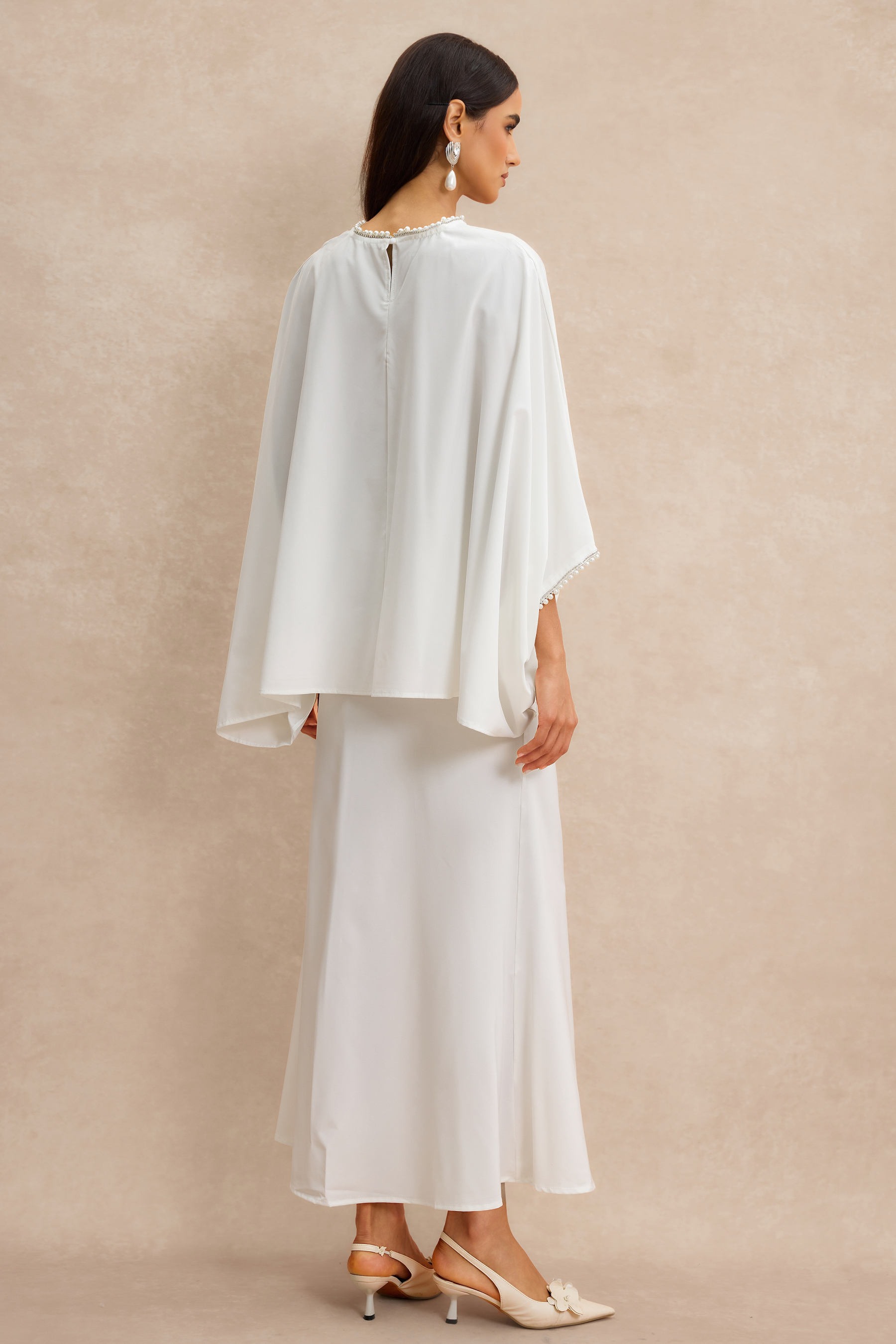 Faux Pearl Batwing Sleeve Top & High Waist Midi Skirt Set