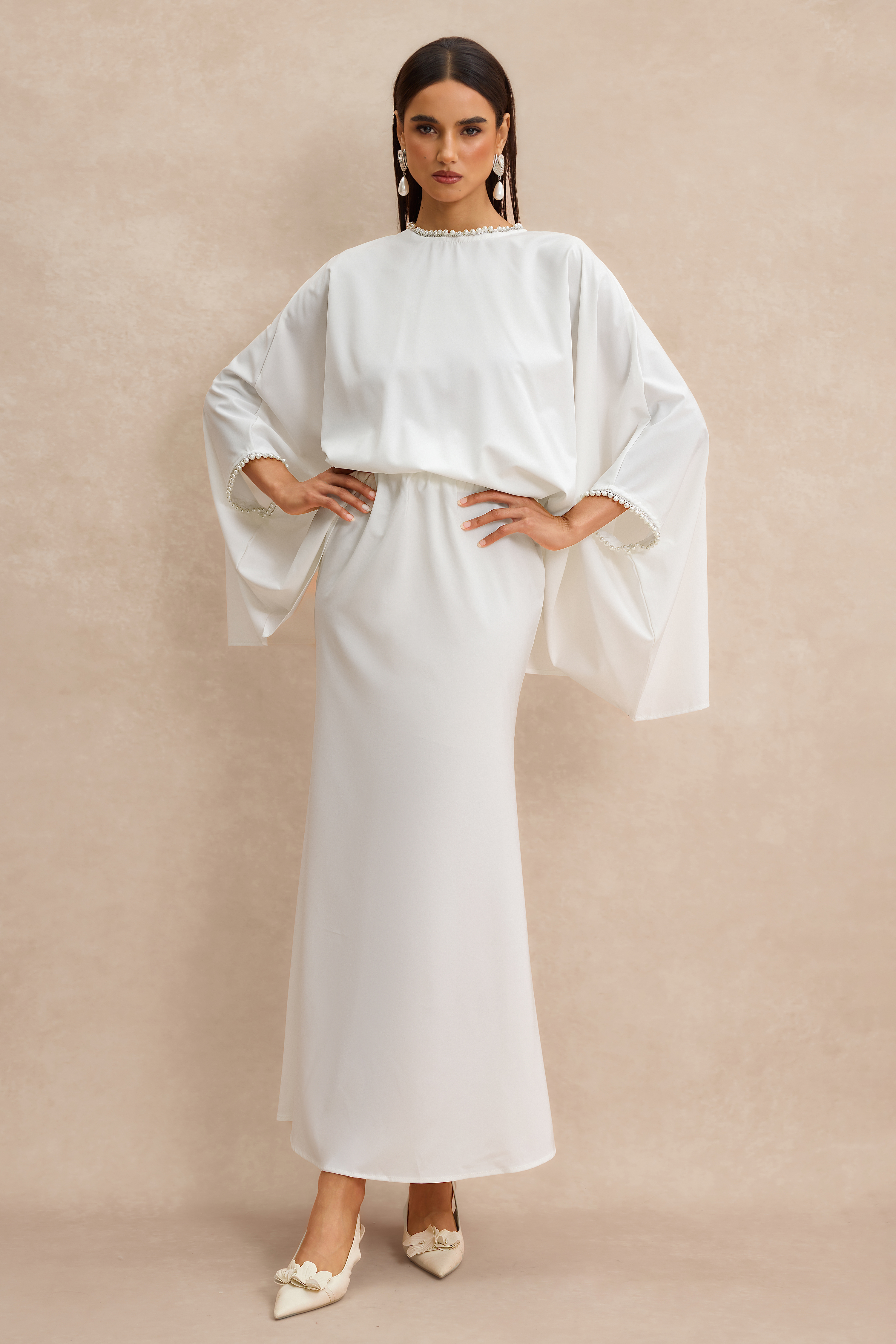 Faux Pearl Batwing Sleeve Top & High Waist Midi Skirt Set