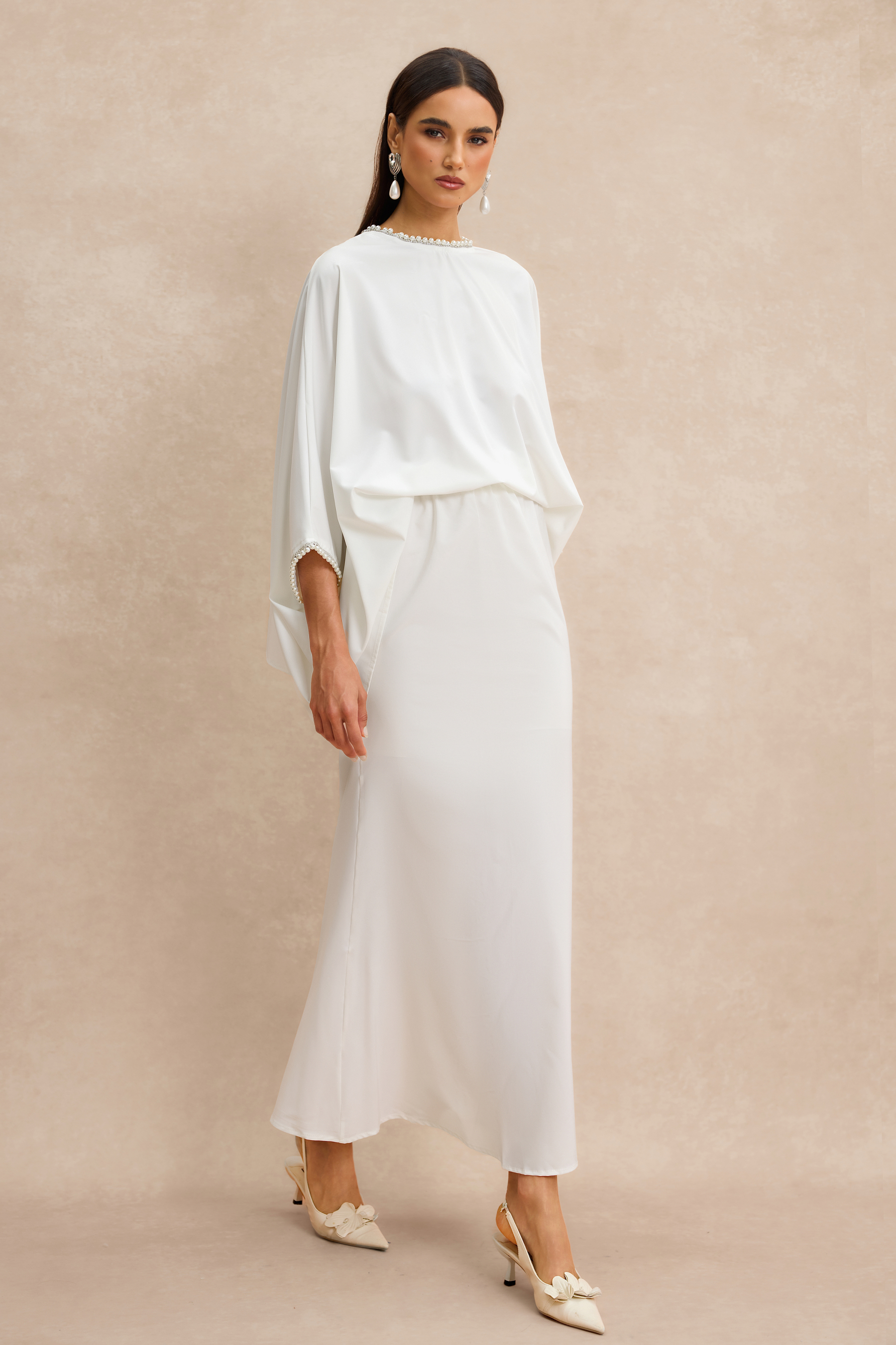 Faux Pearl Batwing Sleeve Top & High Waist Midi Skirt Set