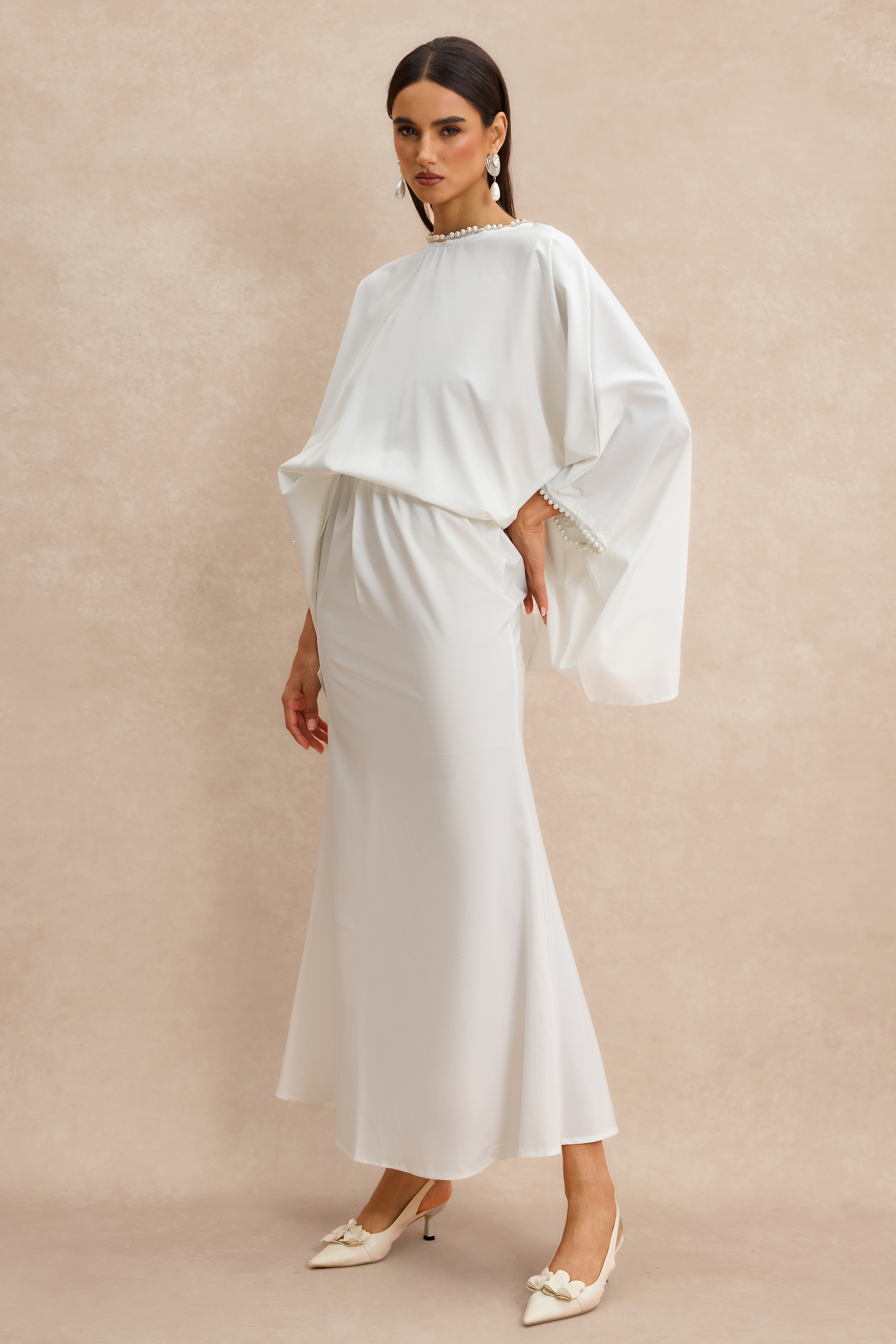 Faux Pearl Batwing Sleeve Top & High Waist Midi Skirt Set