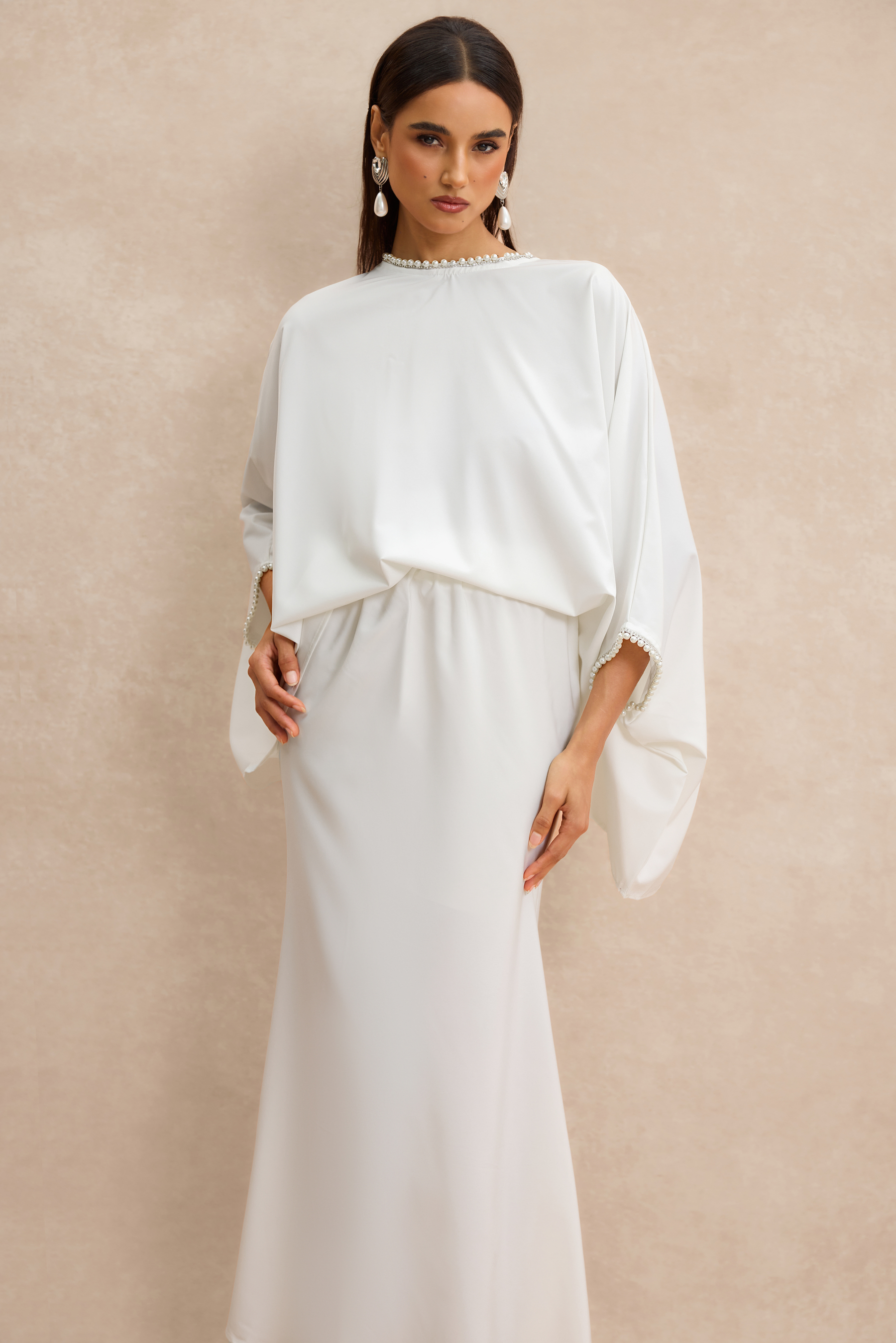 Faux Pearl Batwing Sleeve Top & High Waist Midi Skirt Set