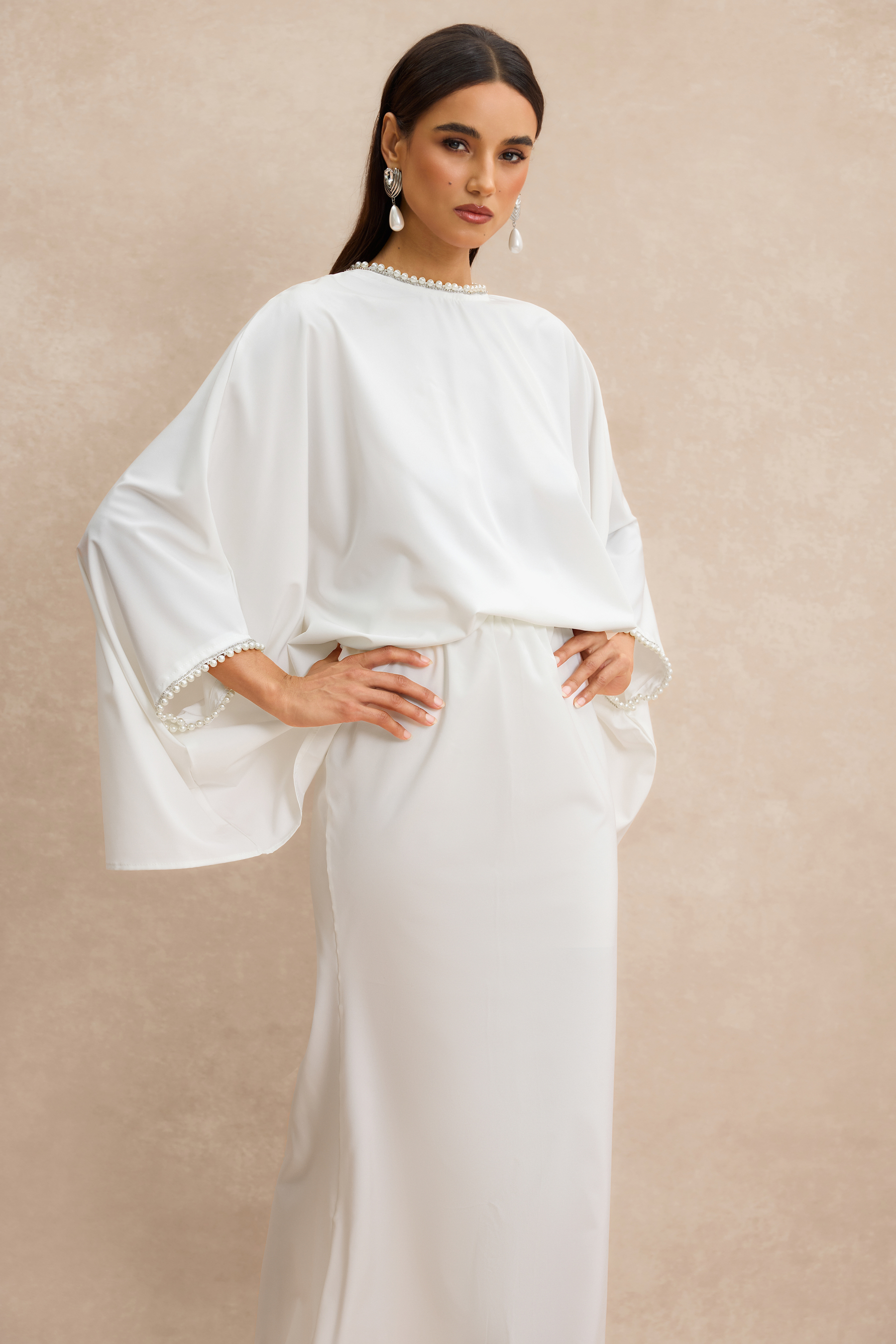 Faux Pearl Batwing Sleeve Top & High Waist Midi Skirt Set