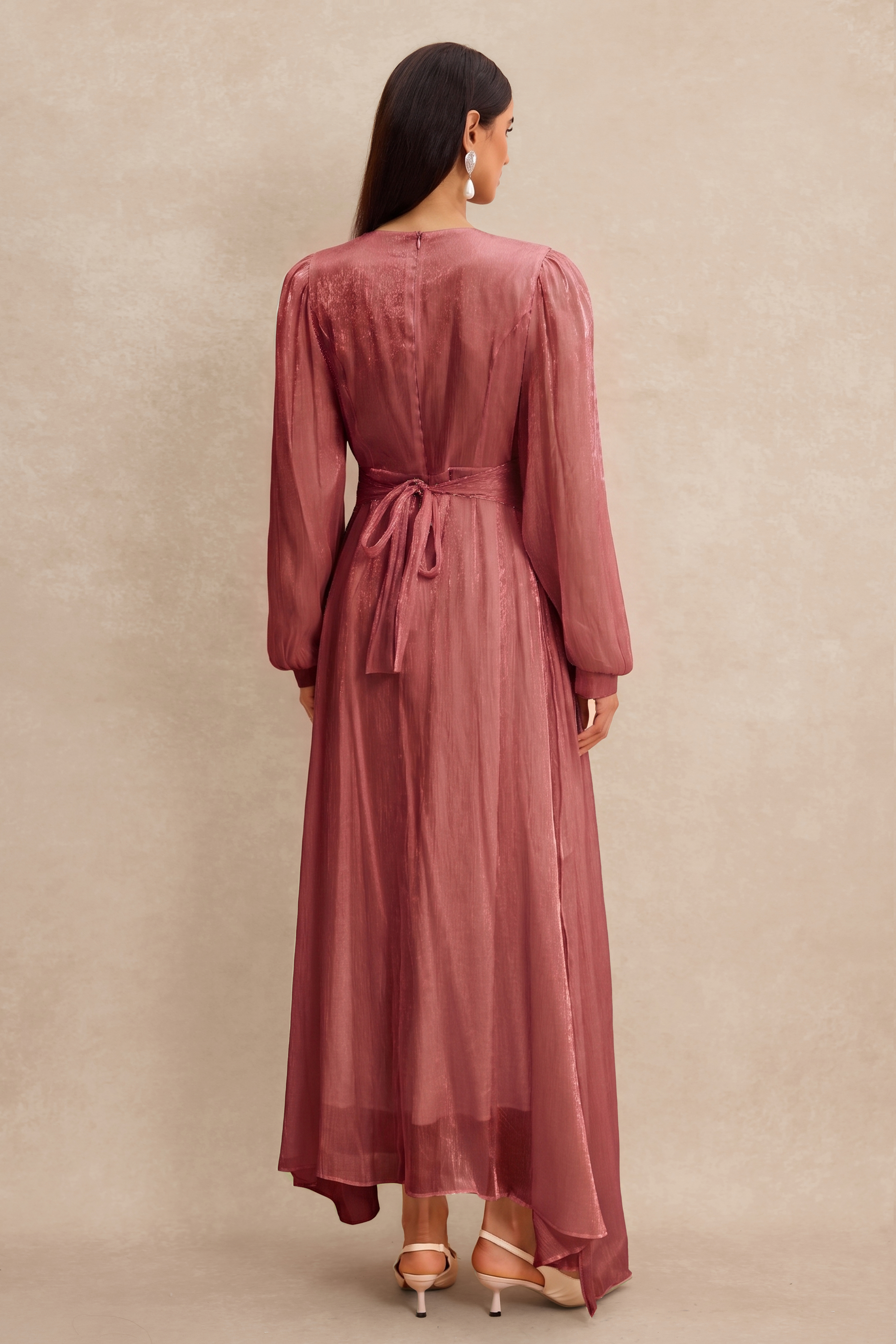 Rhinestone Rivets Gathering Long Sleeve Midi Dress