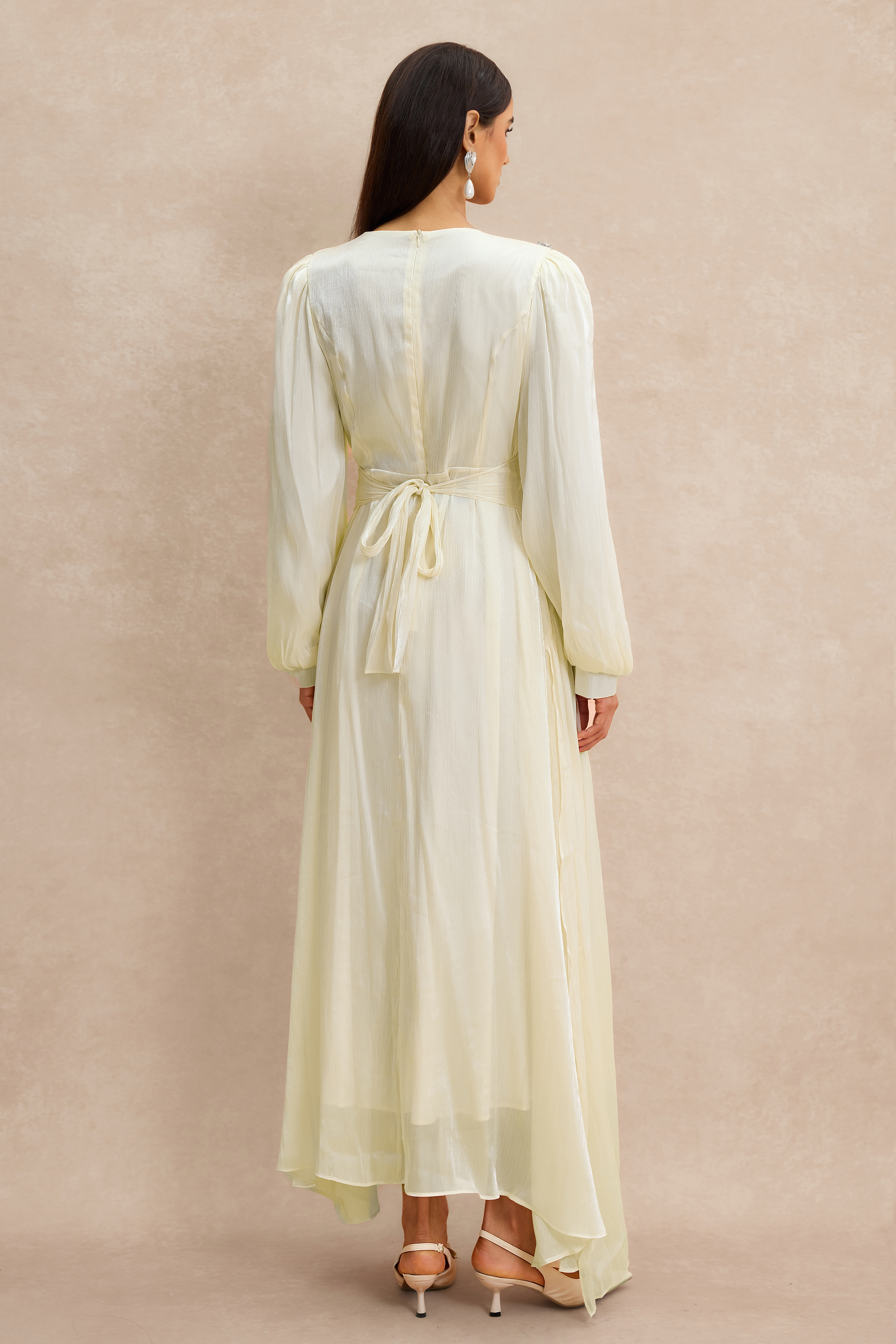 Rhinestone Rivets Gathering Long Sleeve Midi Dress