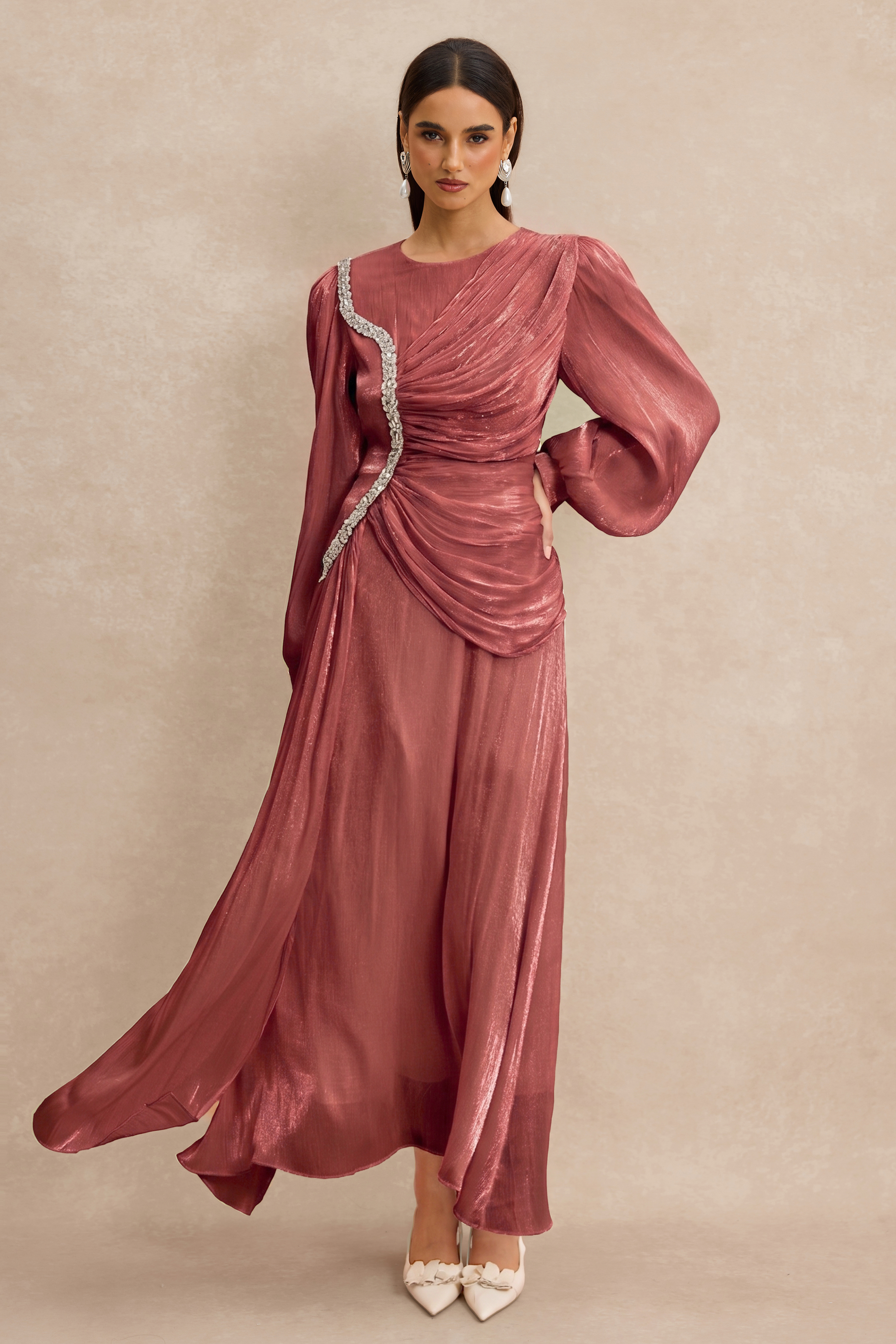Rhinestone Rivets Gathering Long Sleeve Midi Dress