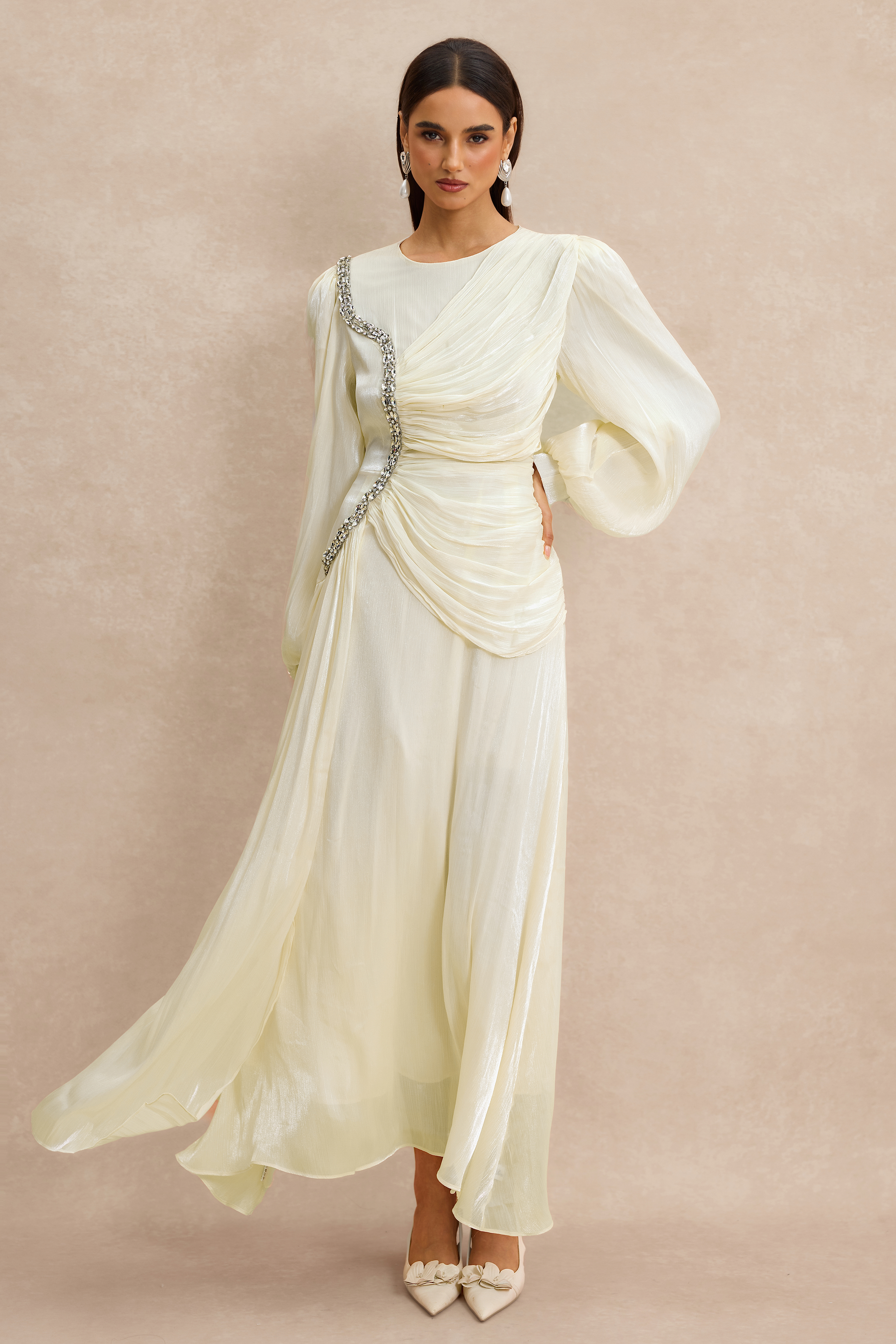 Rhinestone Rivets Gathering Long Sleeve Midi Dress