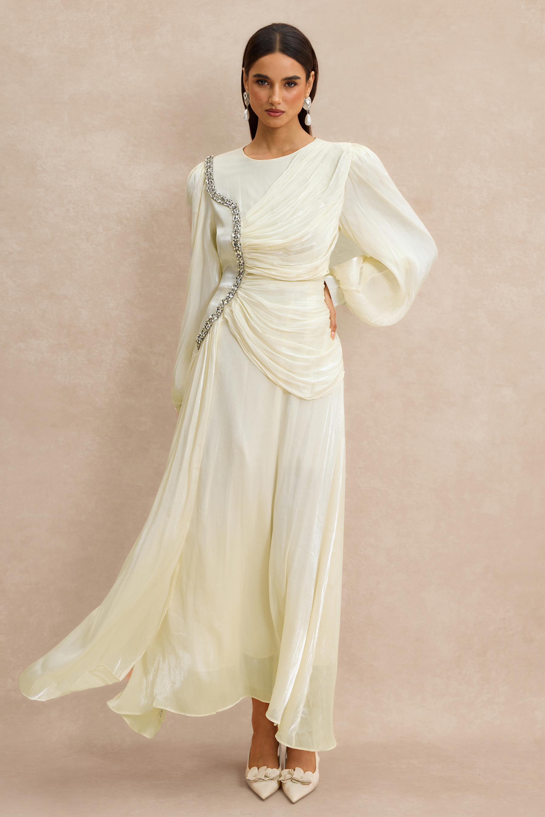 Rhinestone Rivets Gathering Long Sleeve Midi Dress