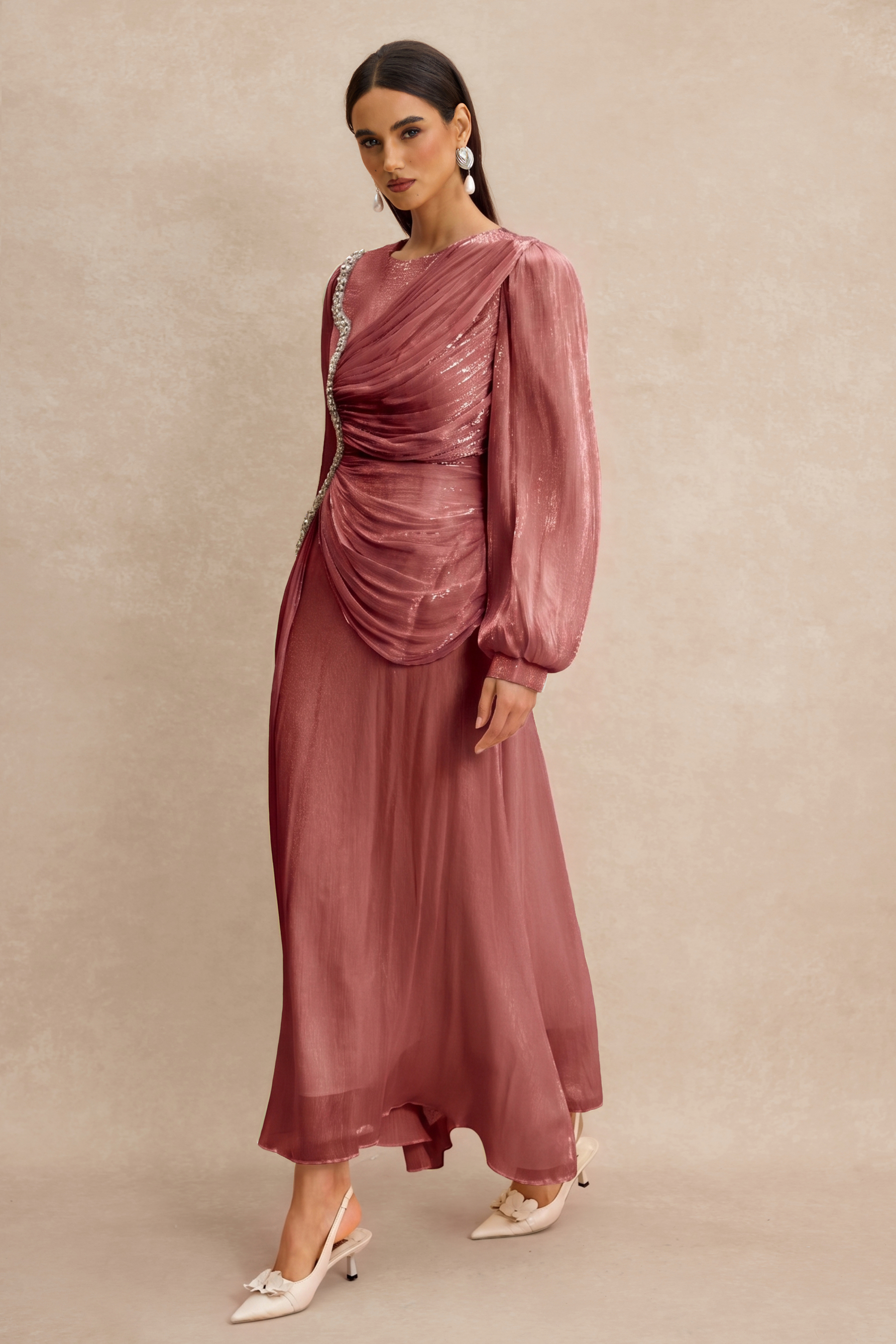 Rhinestone Rivets Gathering Long Sleeve Midi Dress