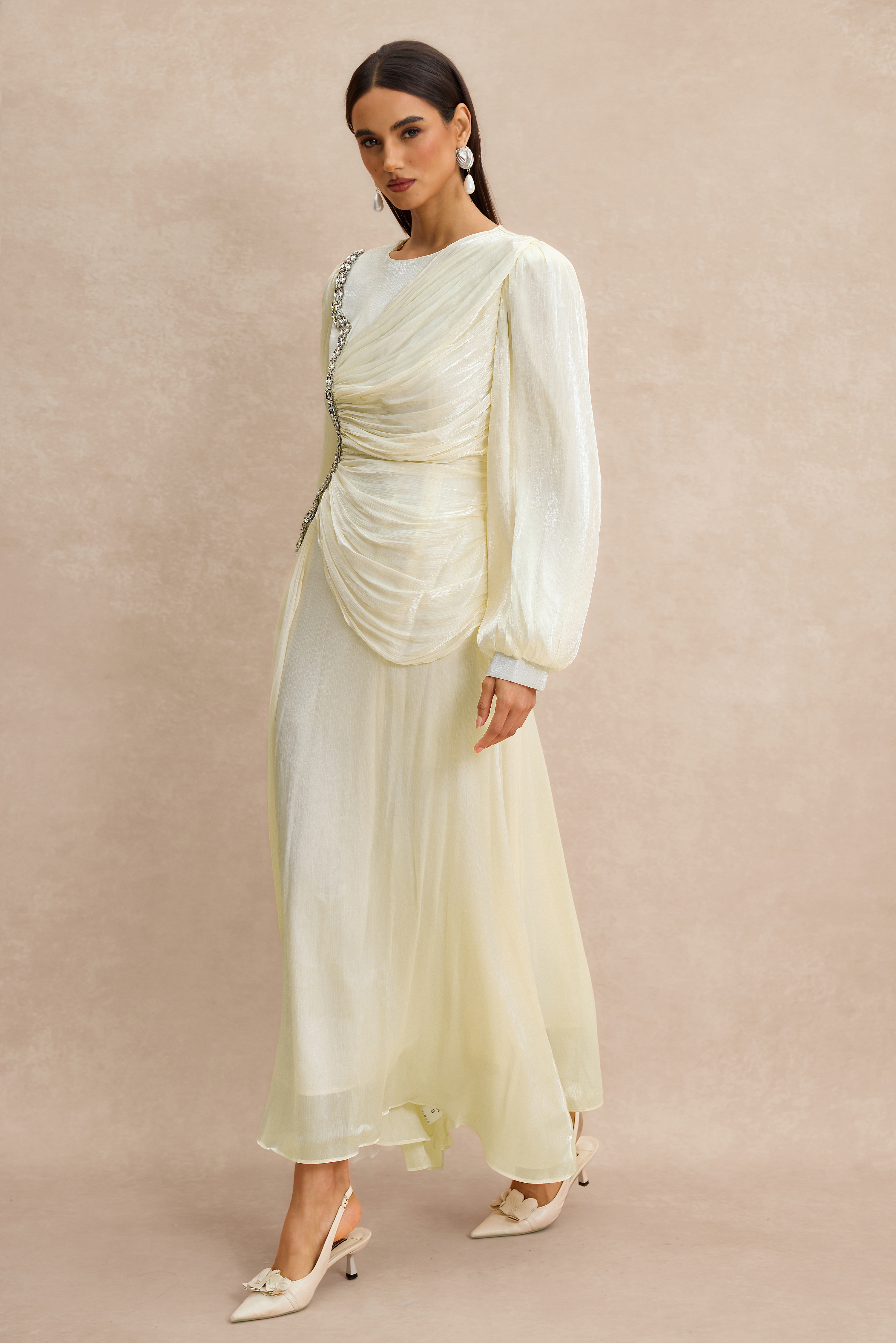 Rhinestone Rivets Gathering Long Sleeve Midi Dress