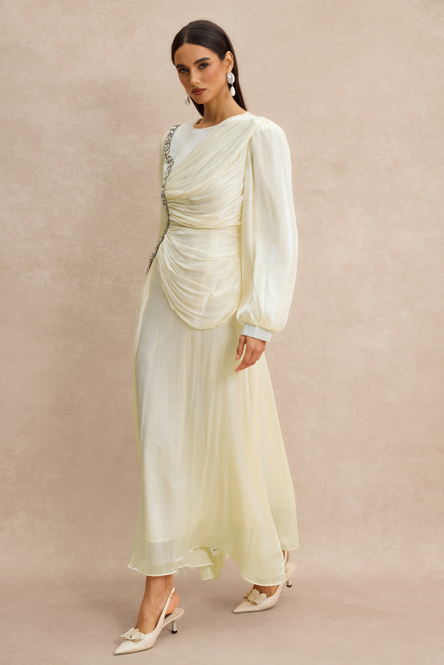 Rhinestone Rivets Gathering Long Sleeve Midi Dress