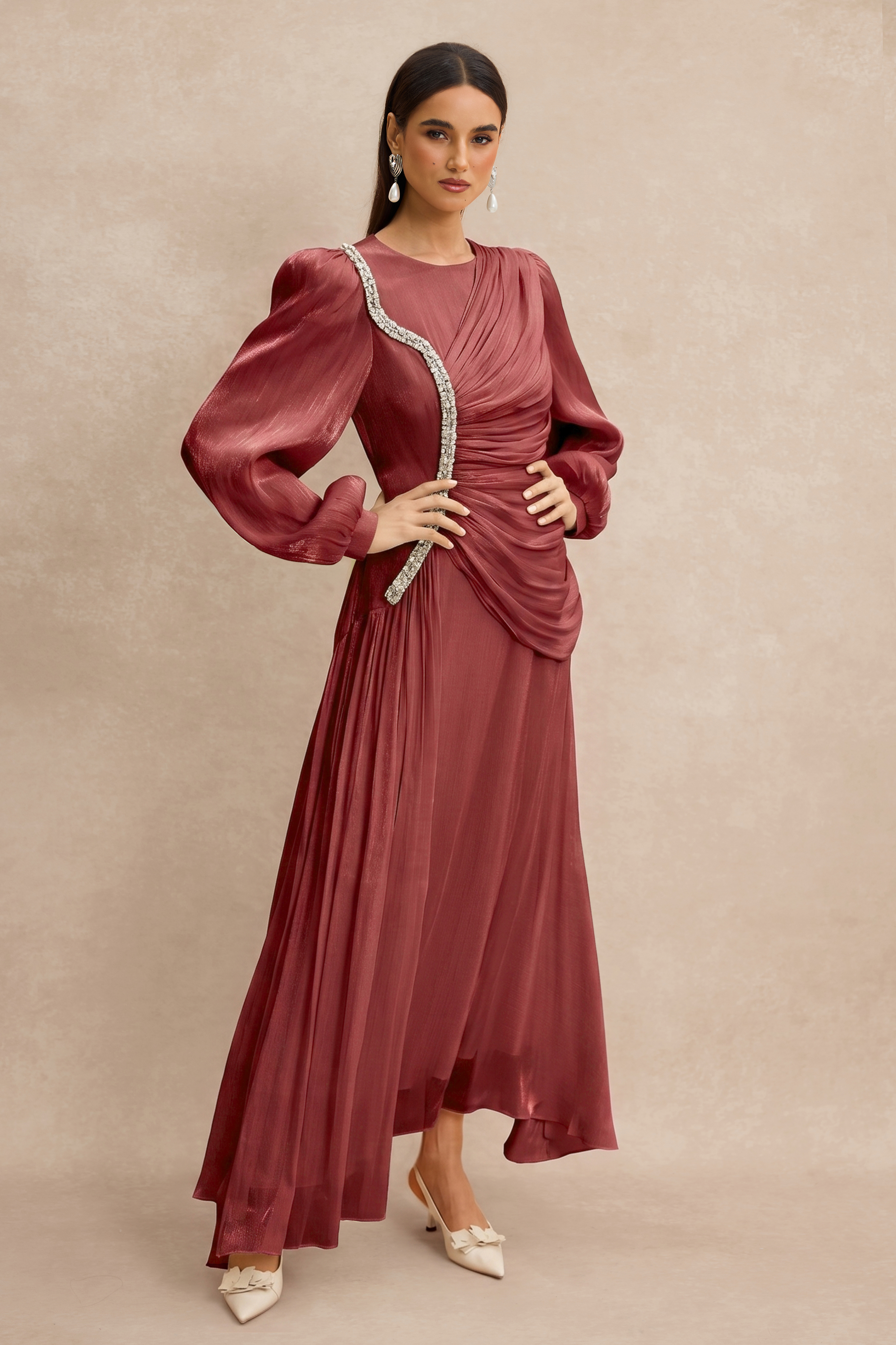 Rhinestone Rivets Gathering Long Sleeve Midi Dress