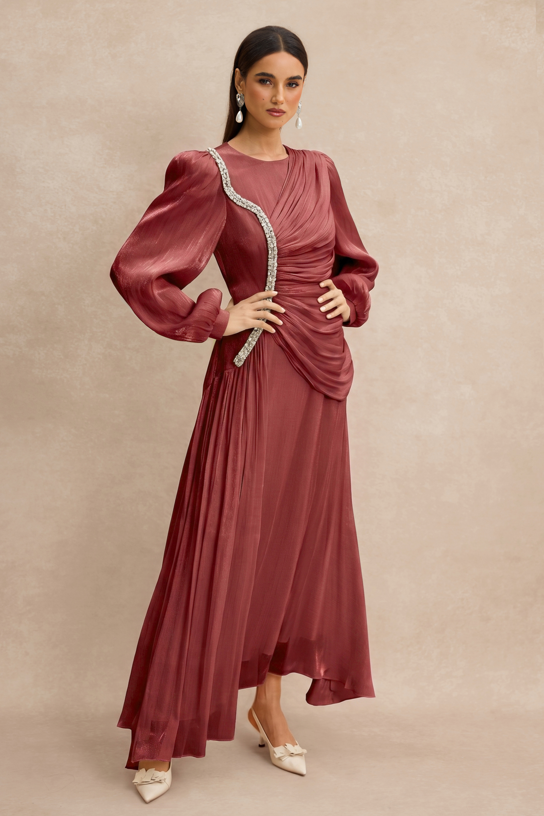 Rhinestone Rivets Gathering Long Sleeve Midi Dress