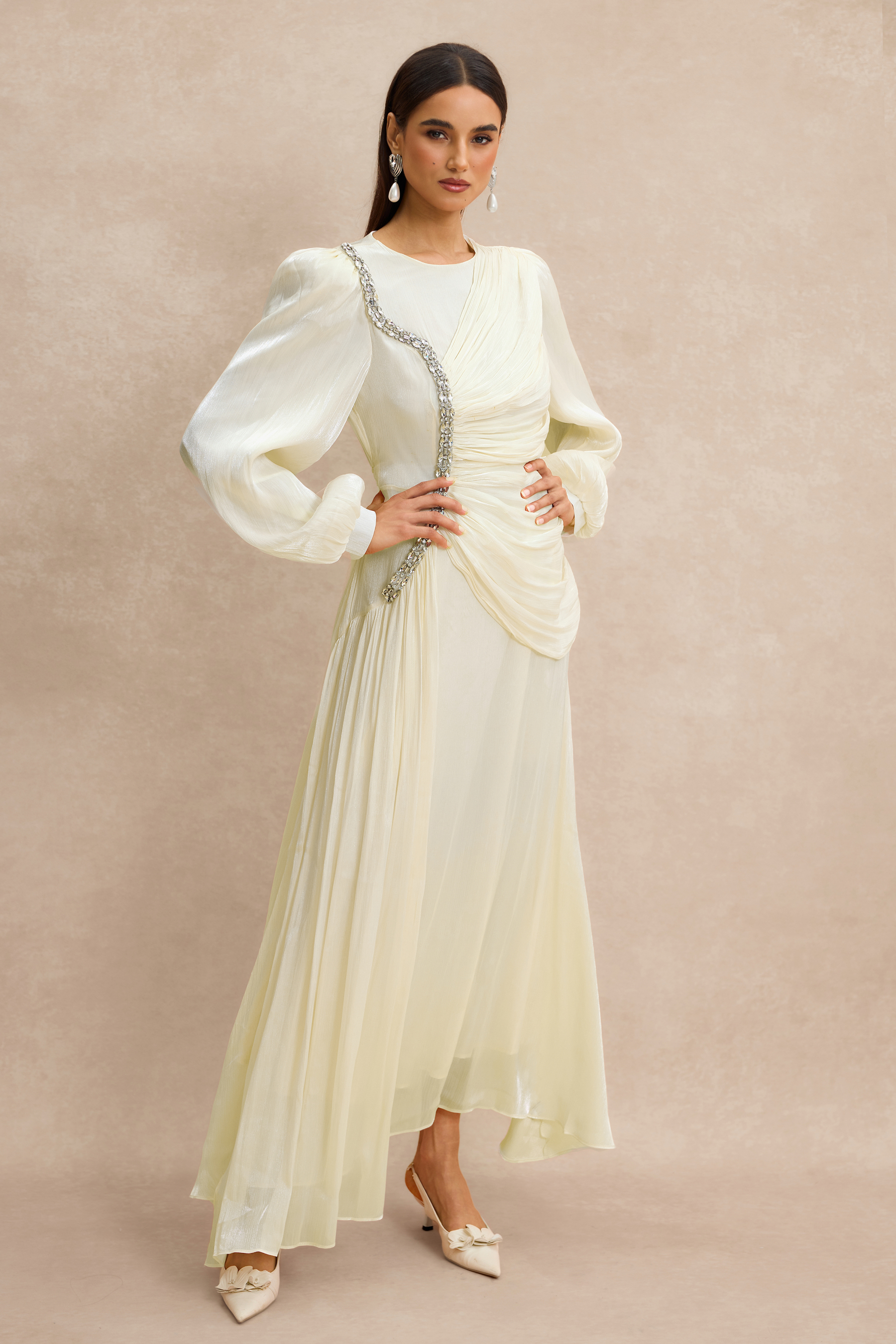 Rhinestone Rivets Gathering Long Sleeve Midi Dress