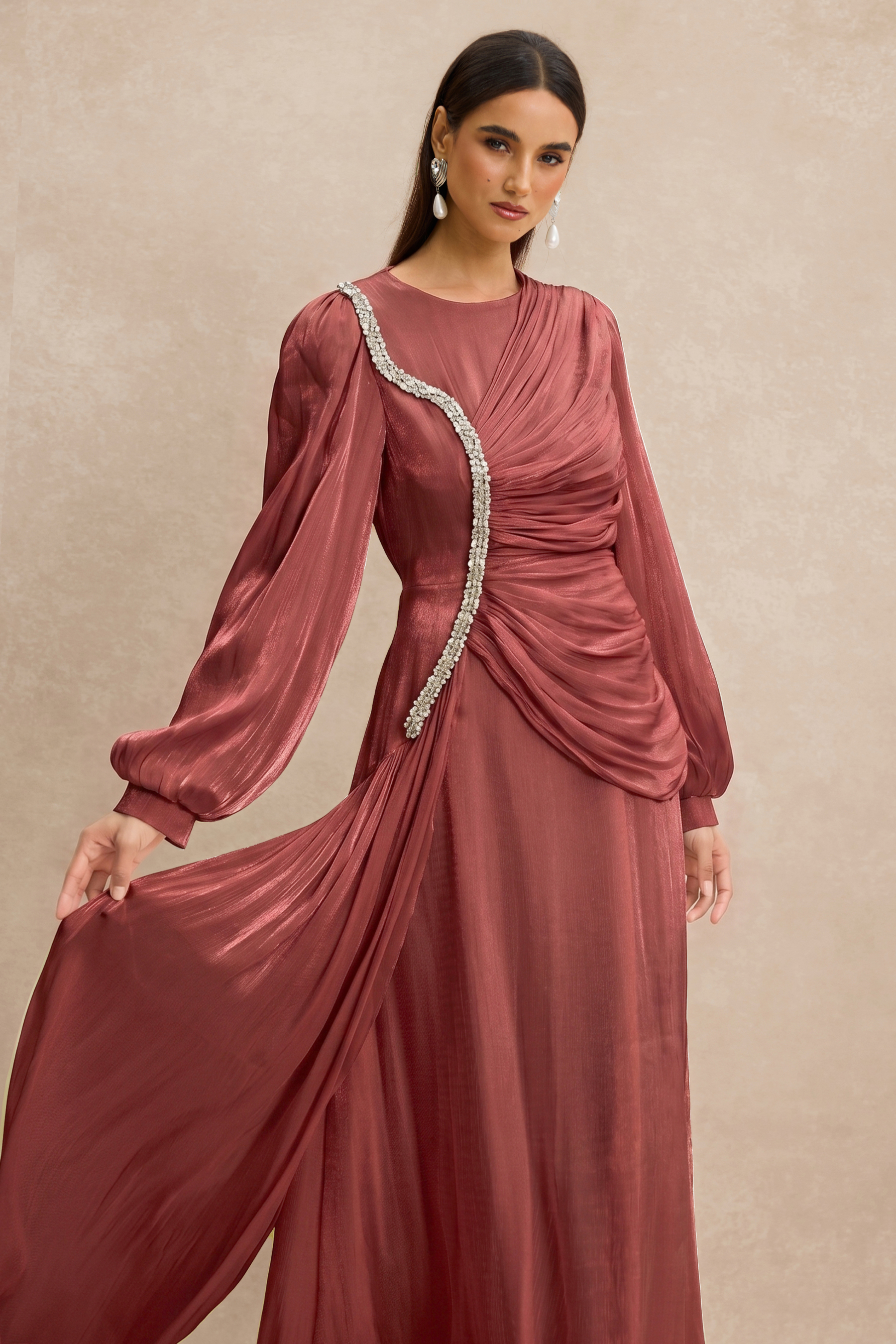 Rhinestone Rivets Gathering Long Sleeve Midi Dress