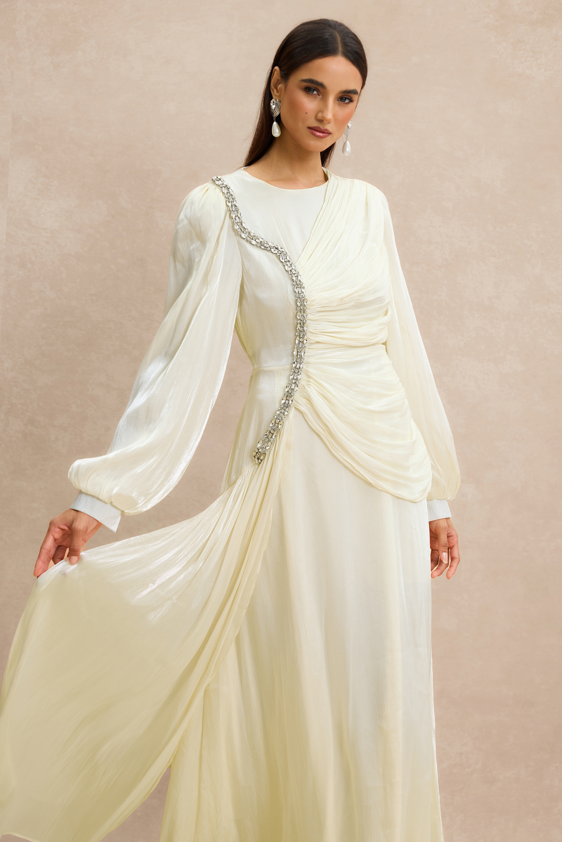 Rhinestone Rivets Gathering Long Sleeve Midi Dress