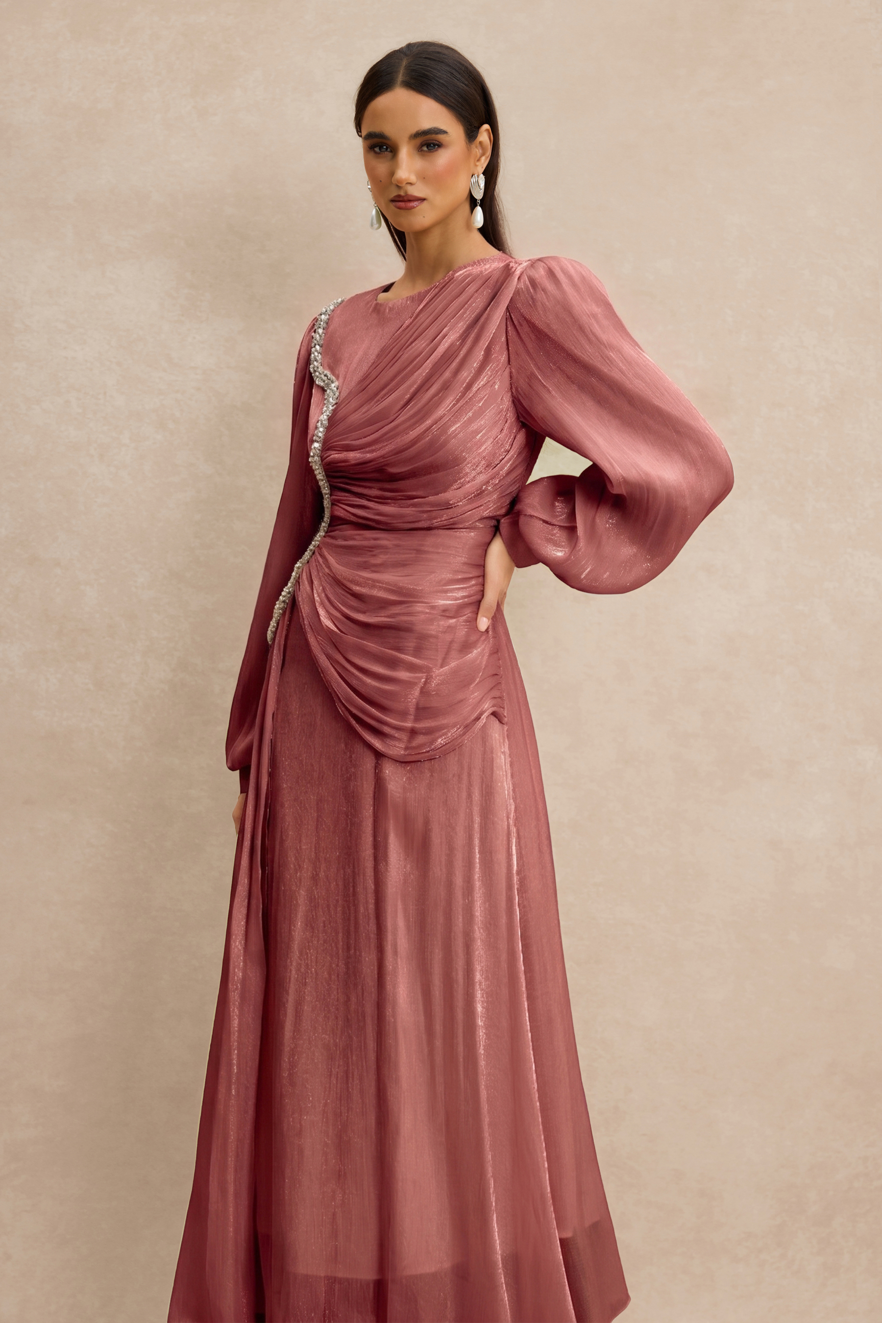 Rhinestone Rivets Gathering Long Sleeve Midi Dress