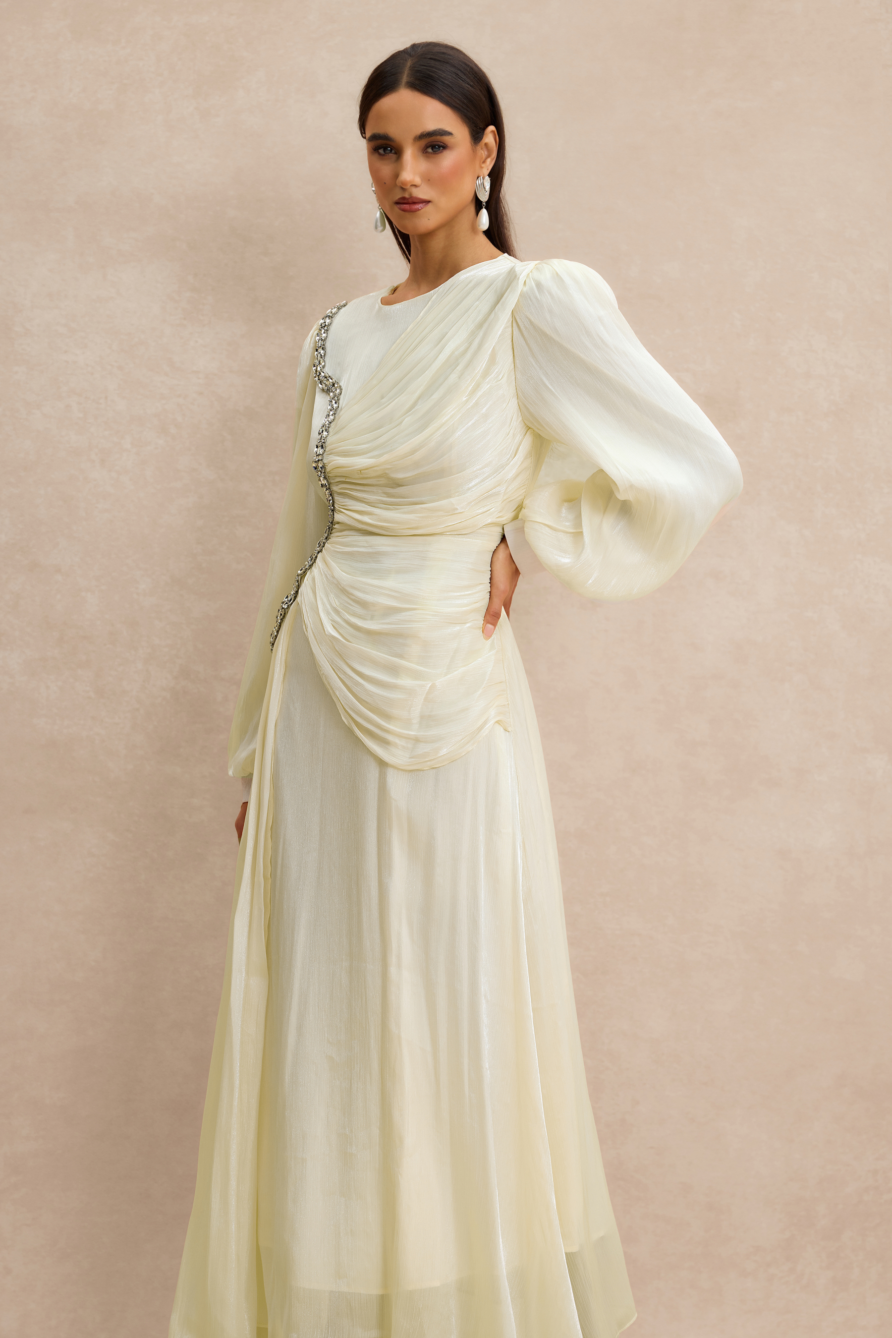 Rhinestone Rivets Gathering Long Sleeve Midi Dress