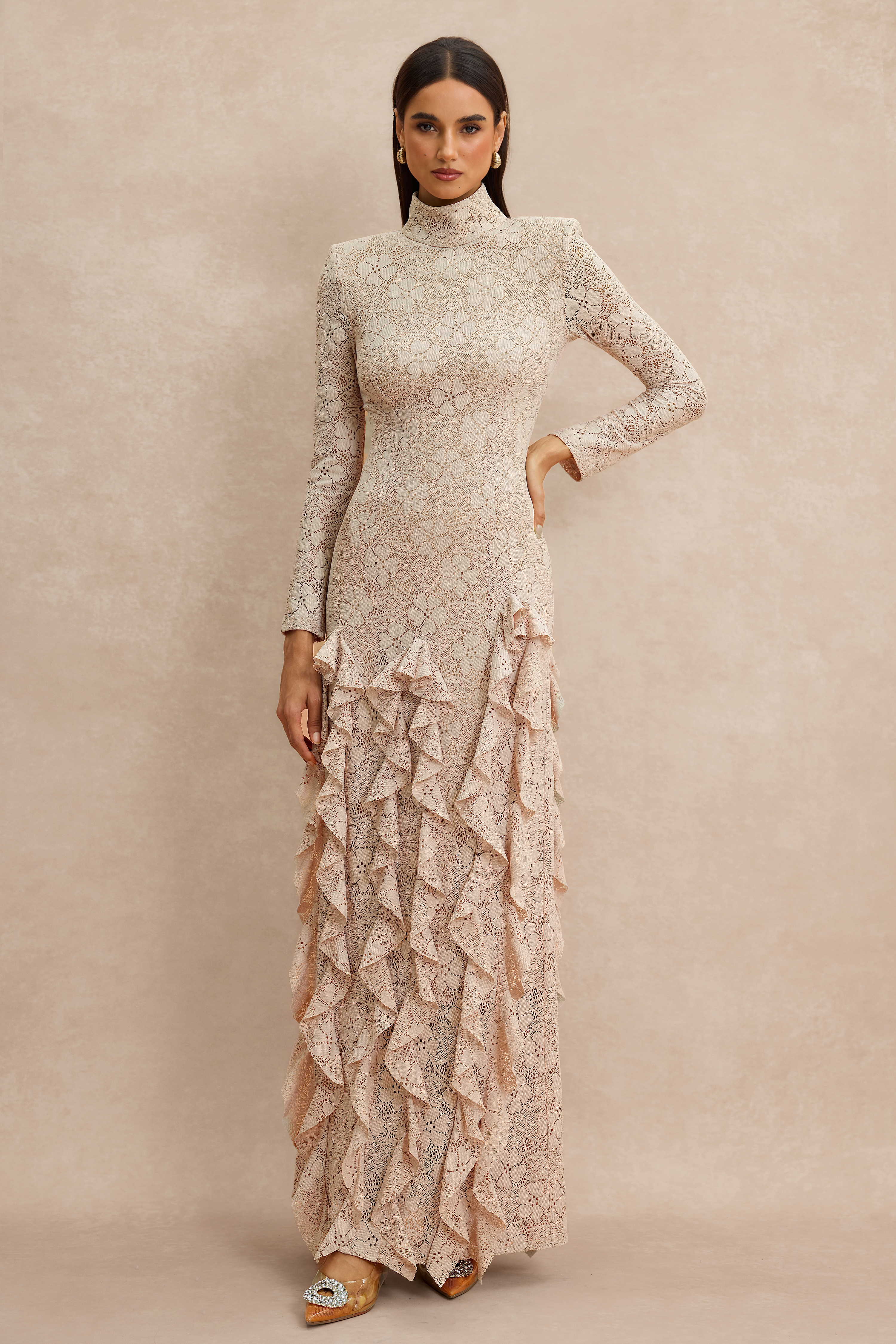 Lace Ruffle Long Sleeve Maxi Dress