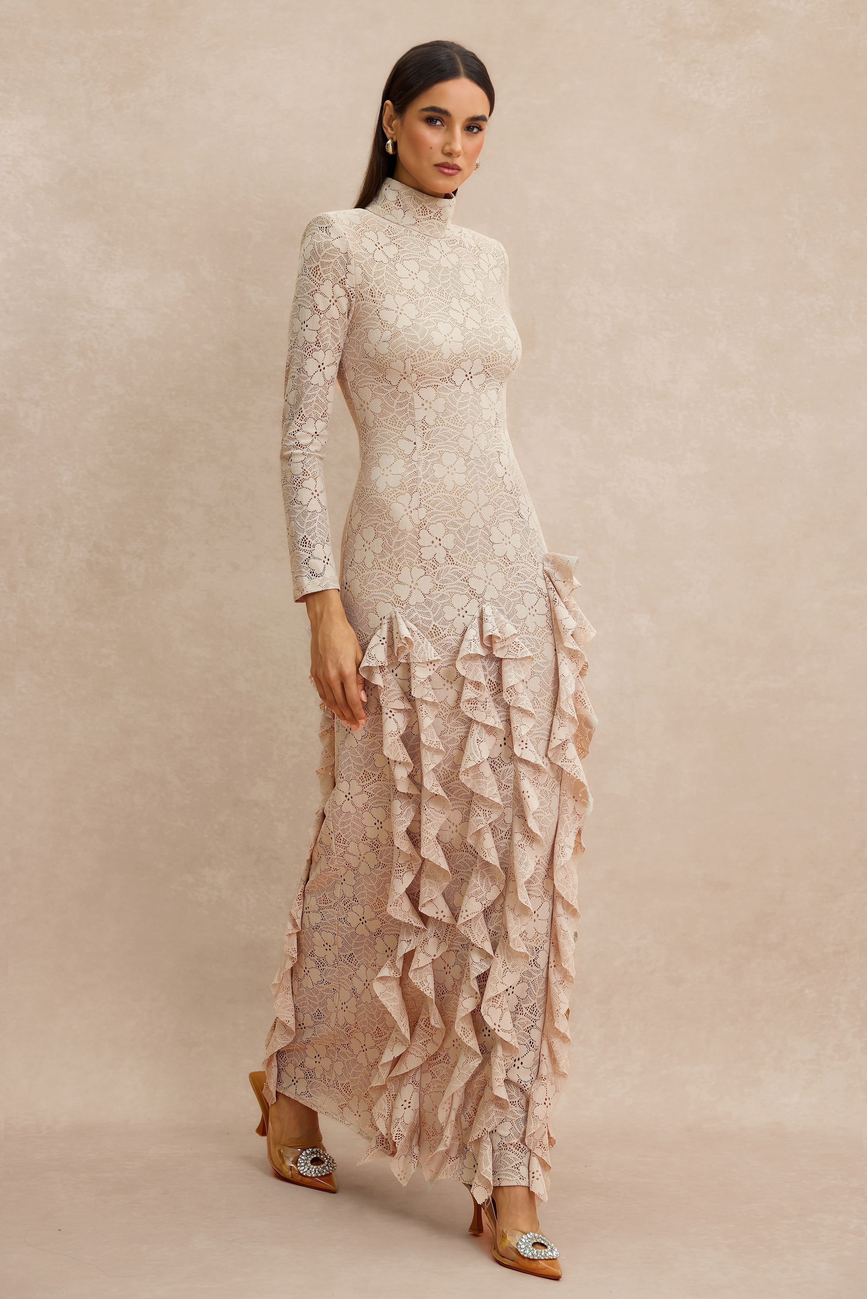 Lace Ruffle Long Sleeve Maxi Dress