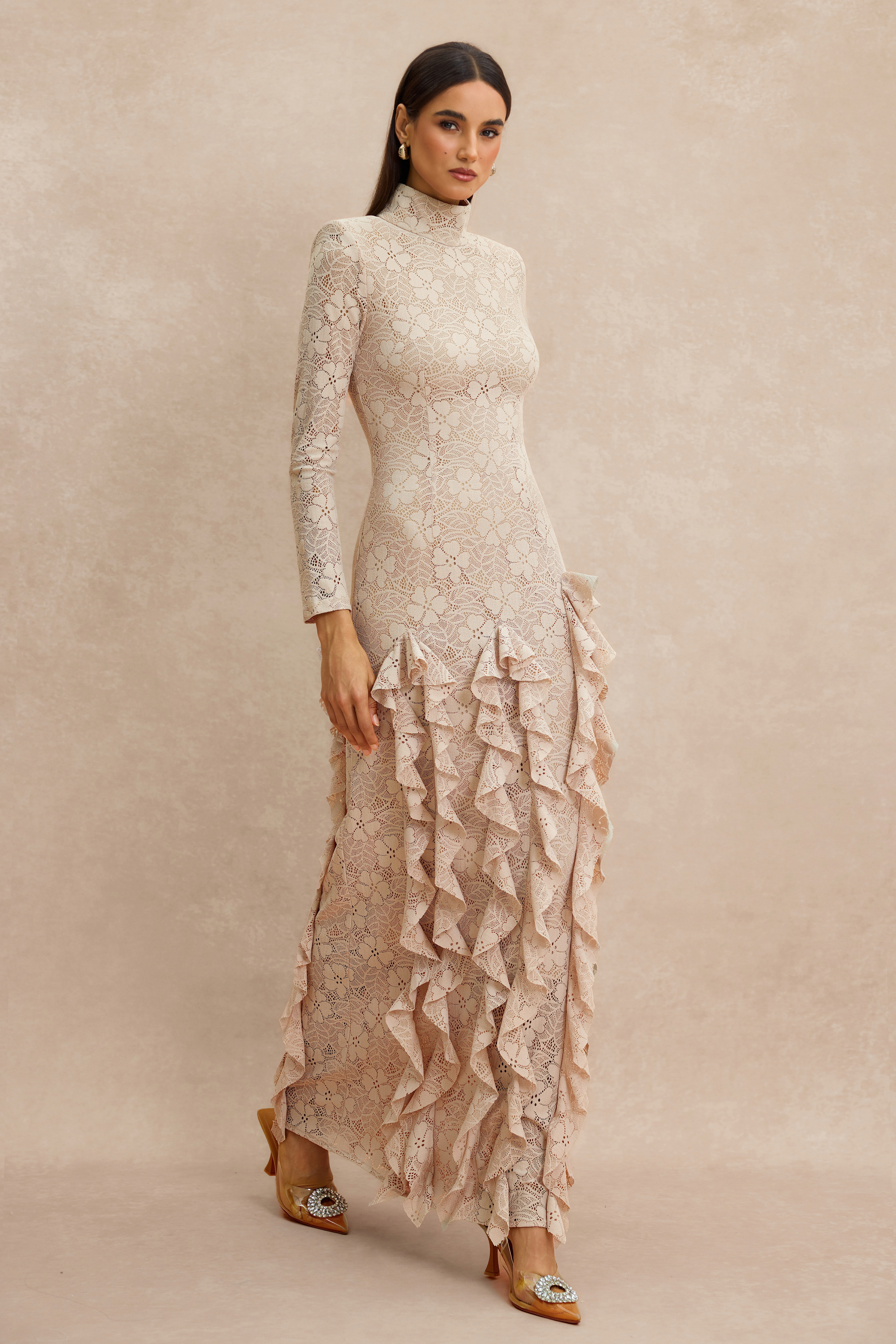 Lace Ruffle Long Sleeve Maxi Dress