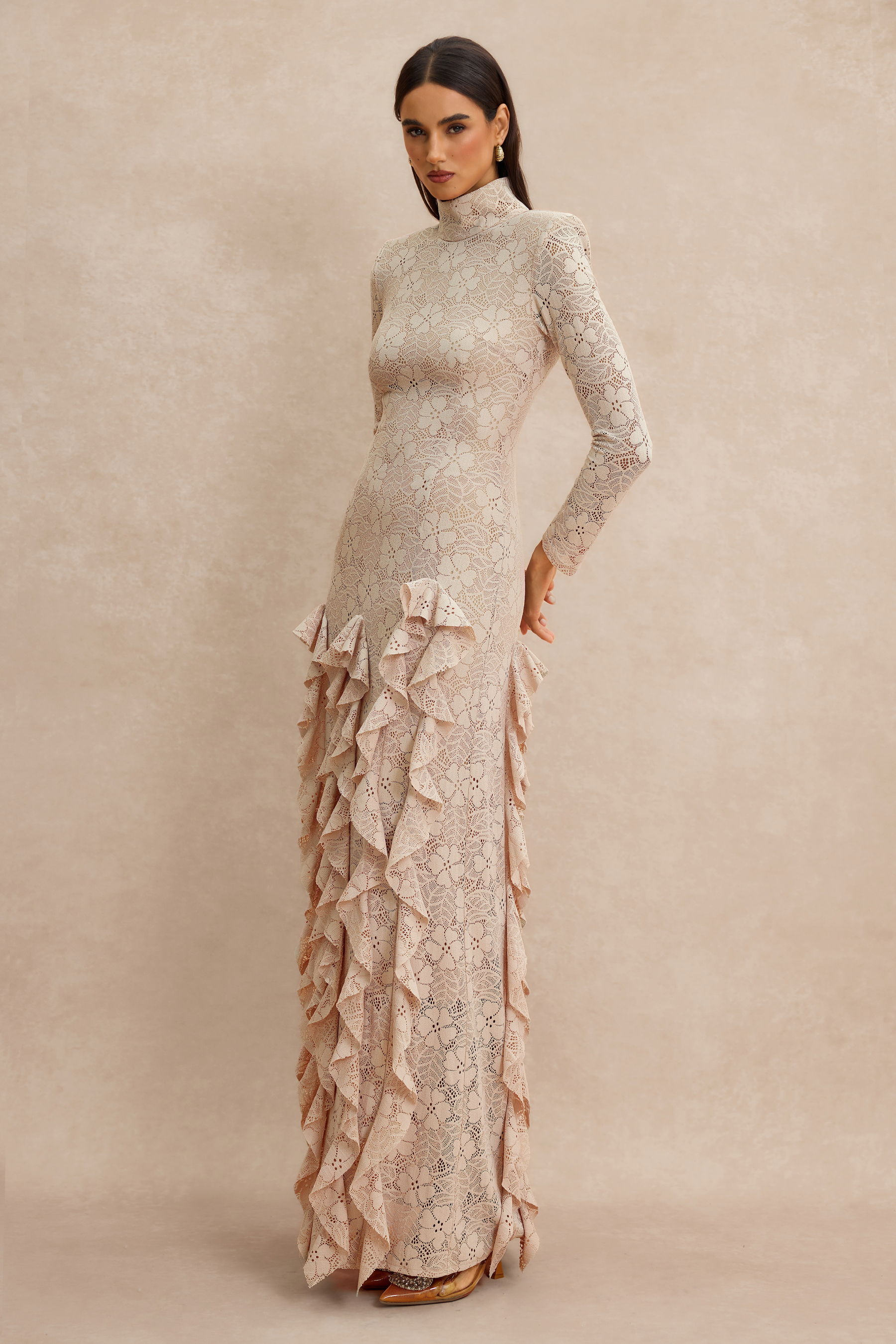 Lace Ruffle Long Sleeve Maxi Dress
