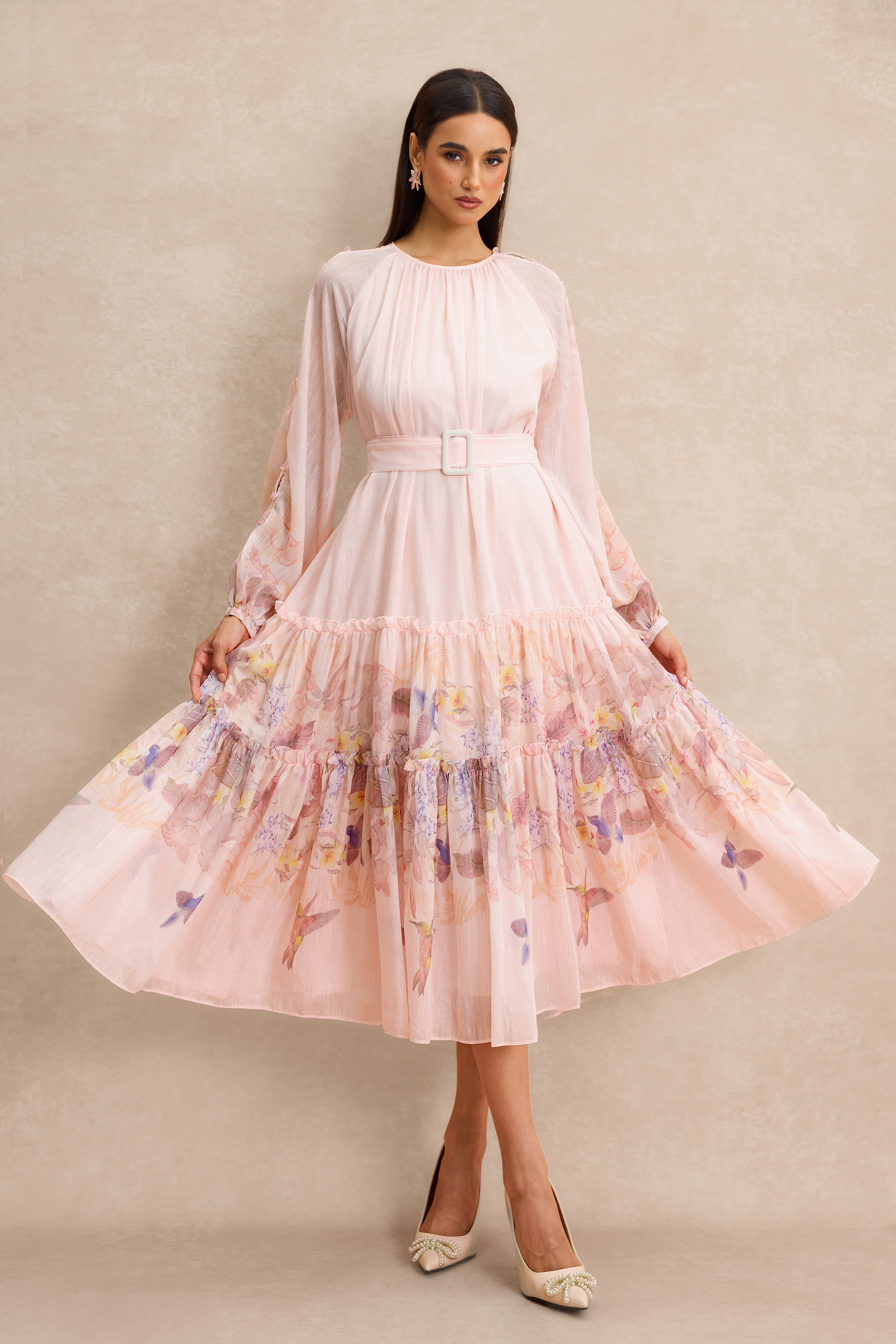 Floral Button Midi Dress With Belt