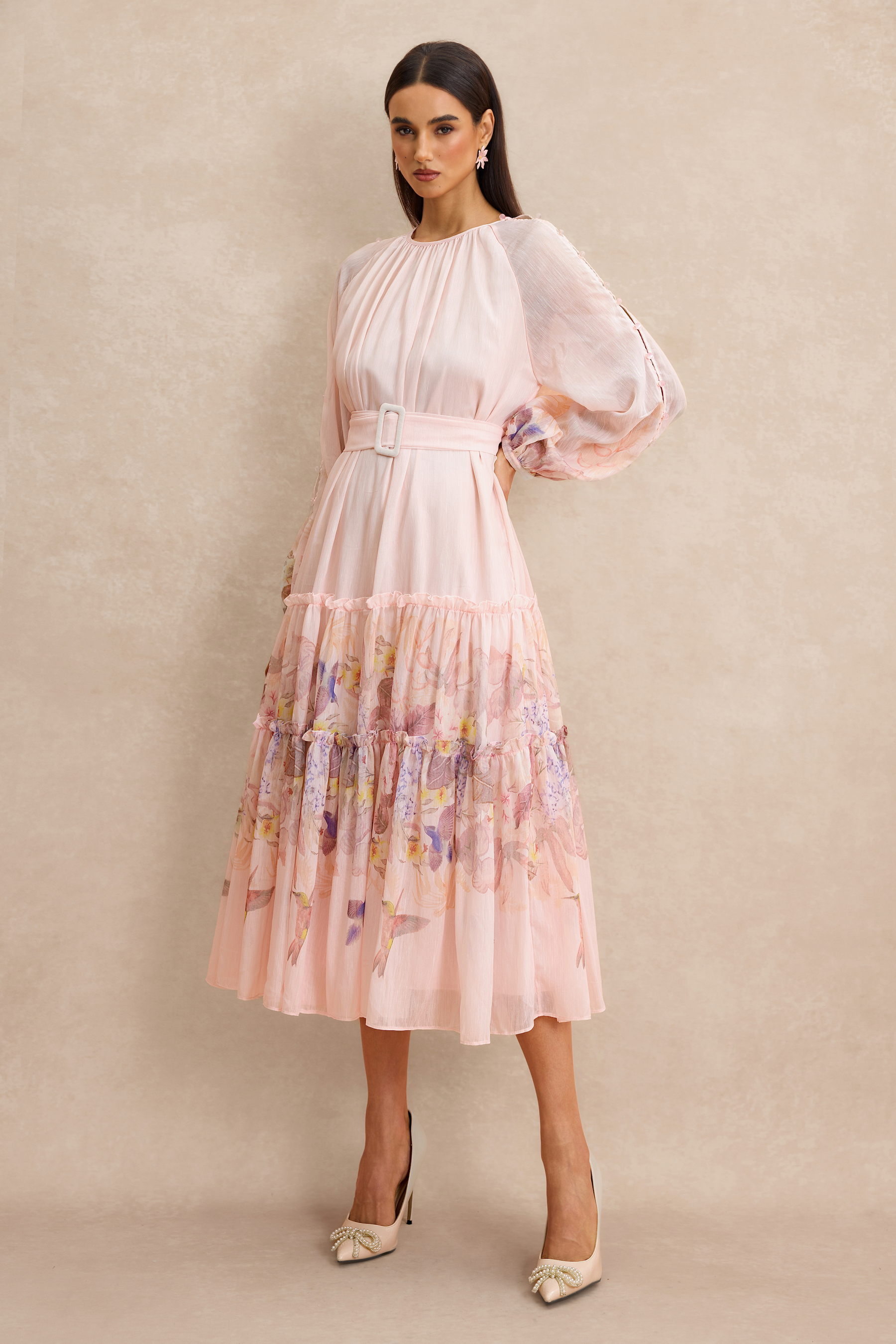 Floral Button Midi Dress With Belt