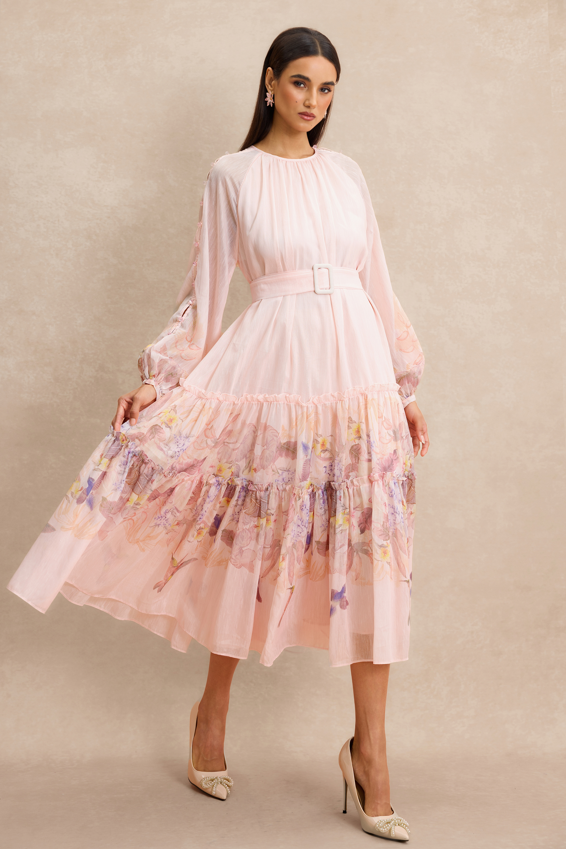 Floral Button Midi Dress With Belt