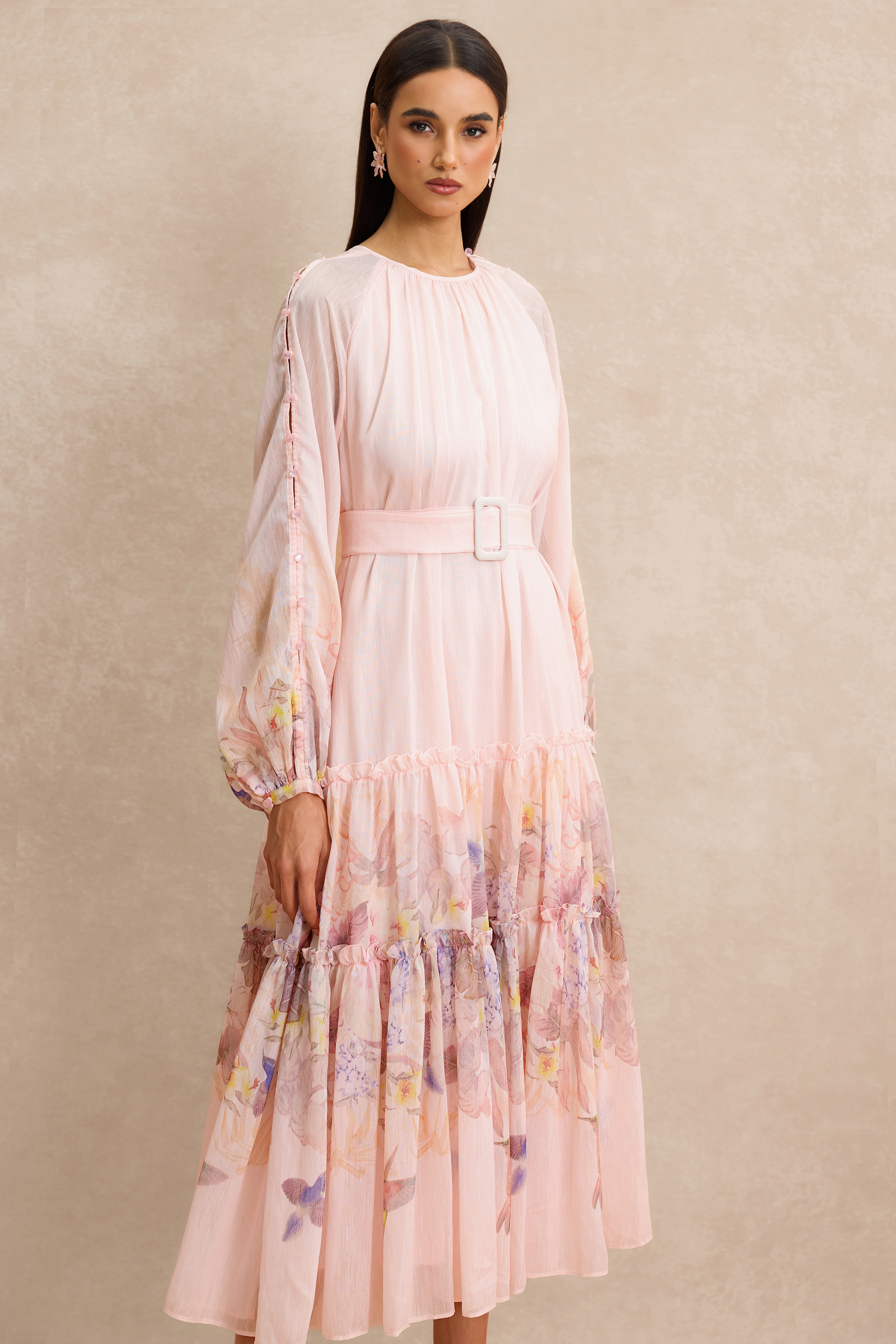 Floral Button Midi Dress With Belt