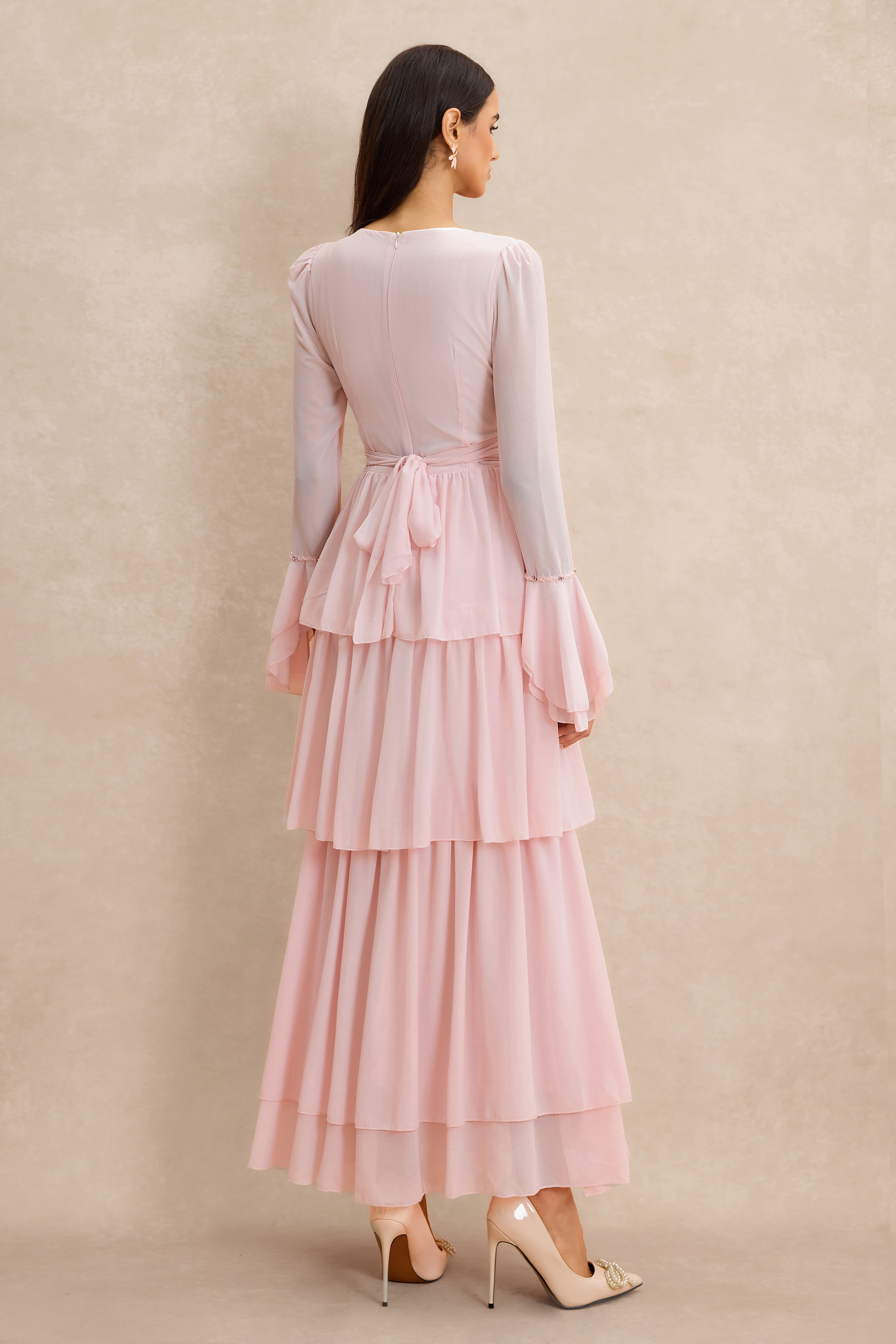 3D Flower Beaded Ruffle Midi Dress