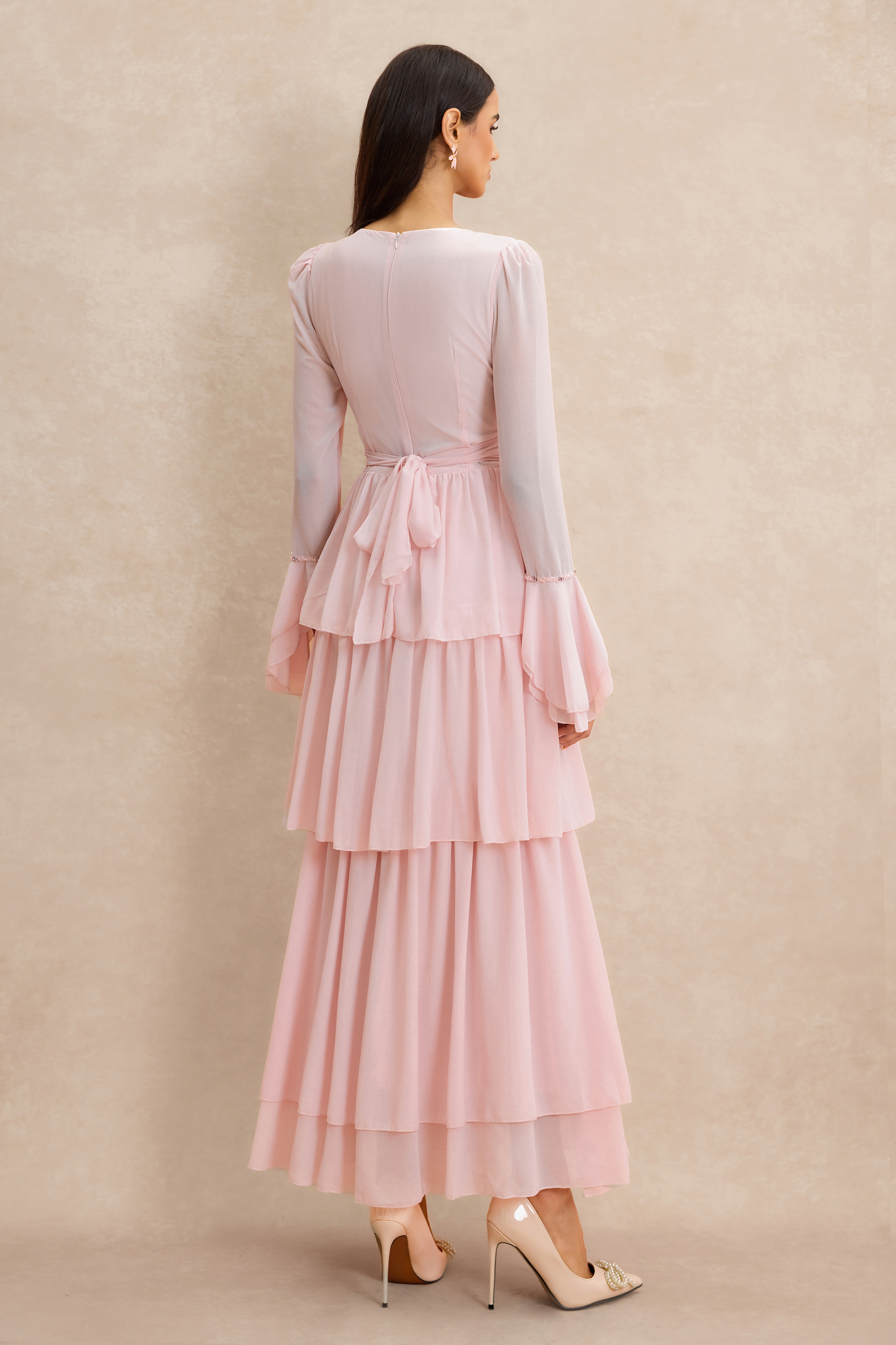 3D Flower Beaded Ruffle Midi Dress