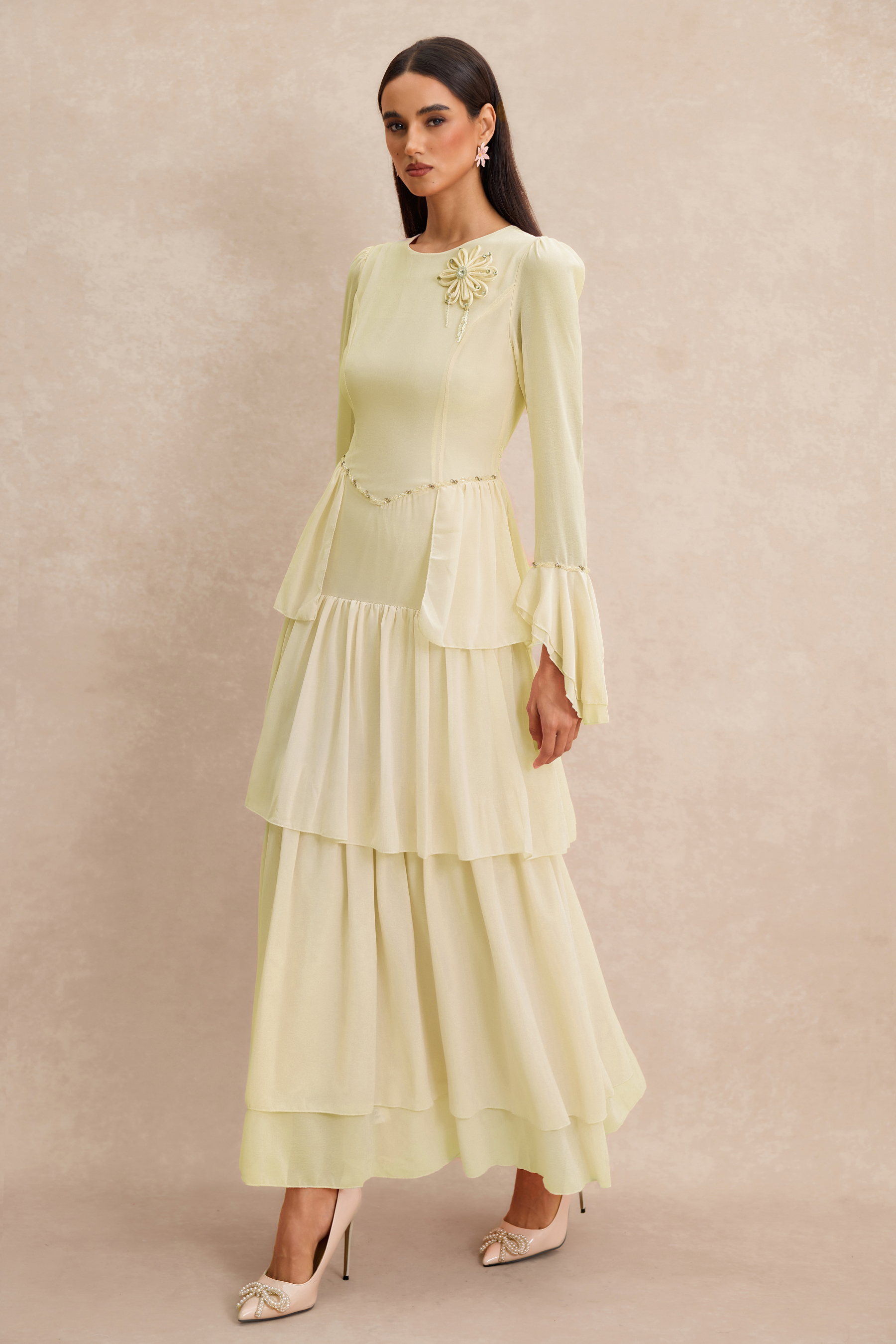 3D Flower Beaded Ruffle Midi Dress