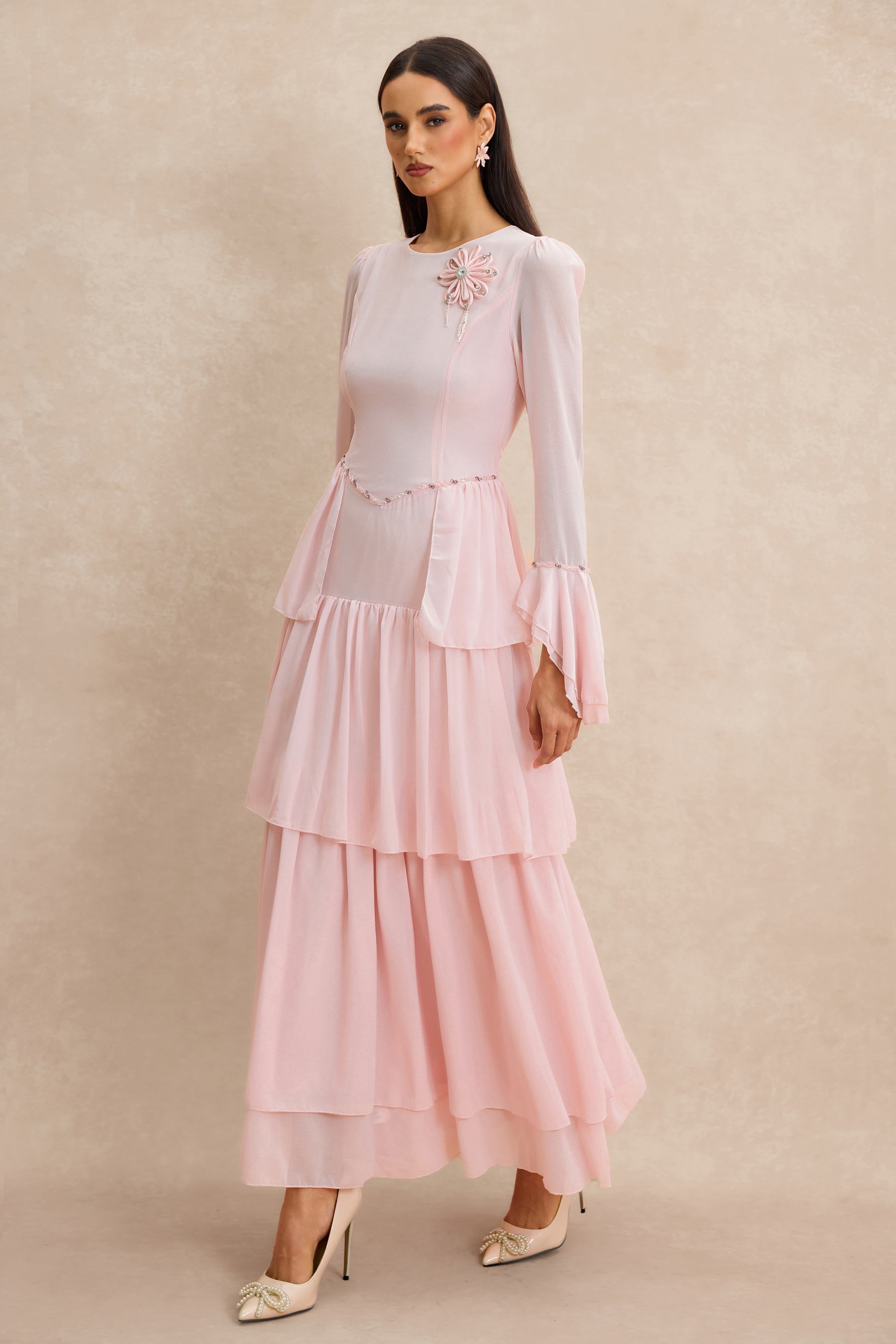 3D Flower Beaded Ruffle Midi Dress