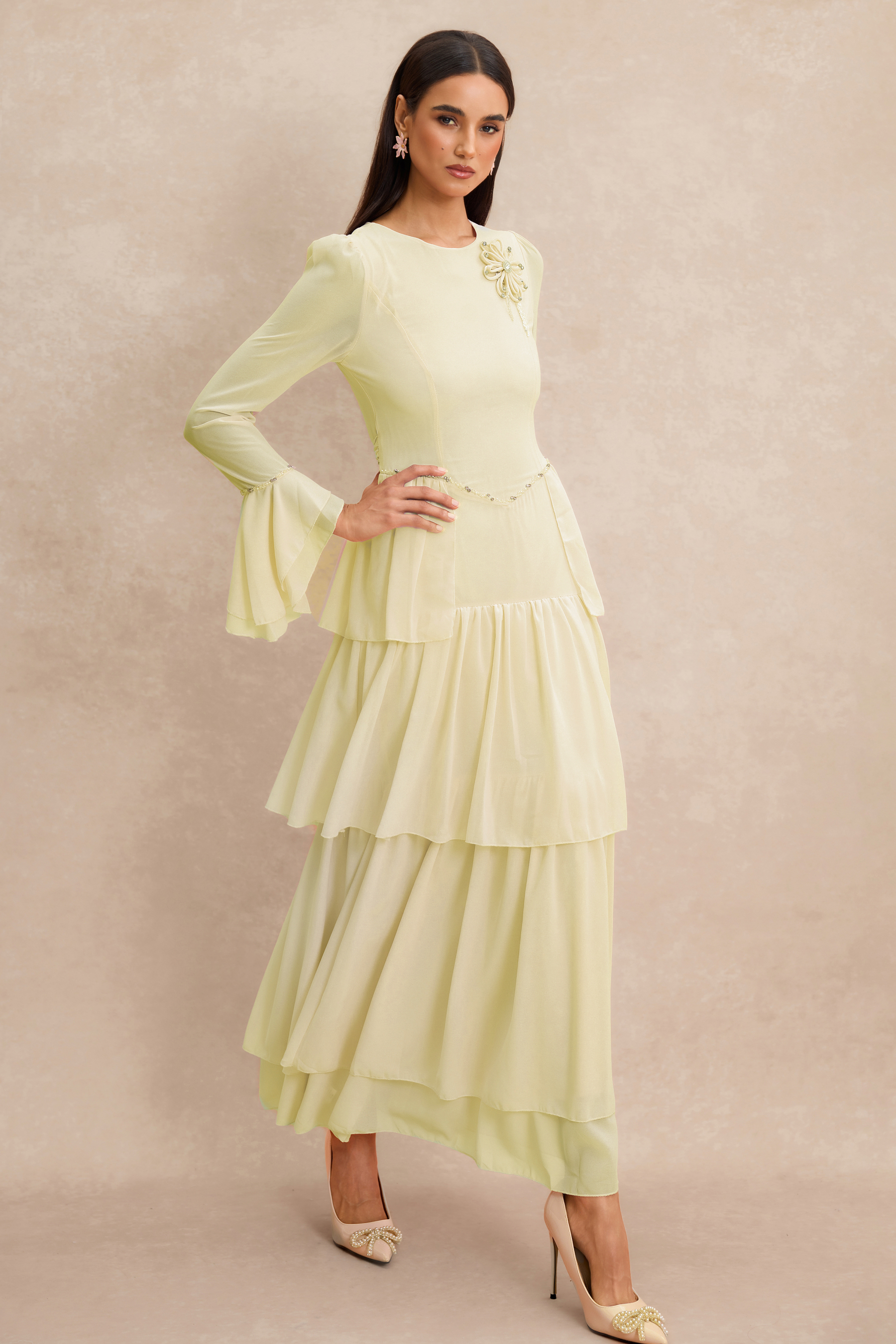 3D Flower Beaded Ruffle Midi Dress
