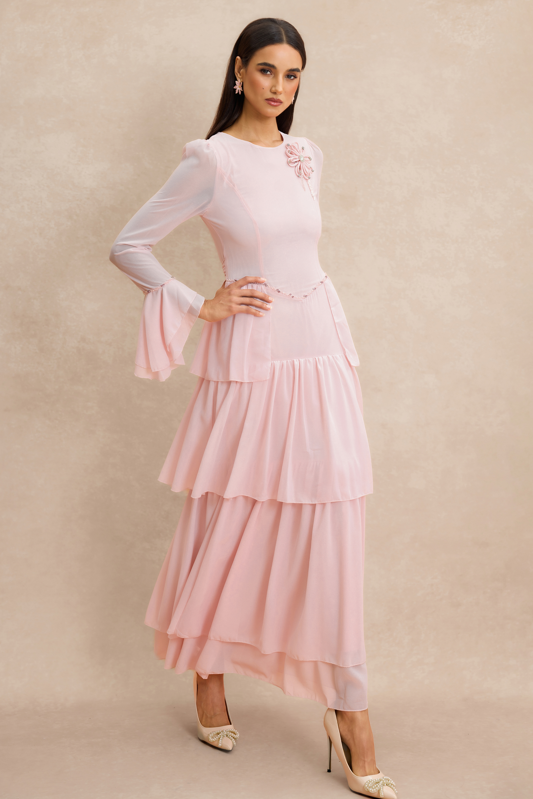 3D Flower Beaded Ruffle Midi Dress